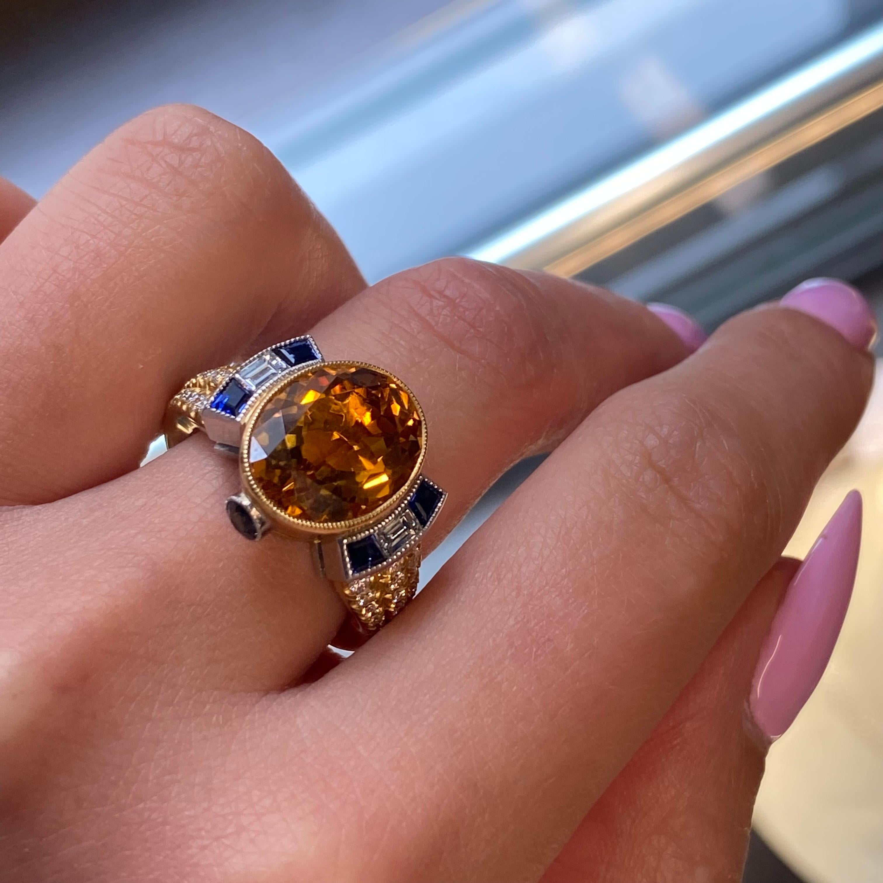 Platinum Yellow Gold Art Deco Style Yellow Citrine Blue Sapphire & Diamond Ring In New Condition For Sale In New York, NY