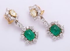 Platinum, Yellow Gold, Diamond and Cabochon Emerald Ear Pendant Earrings