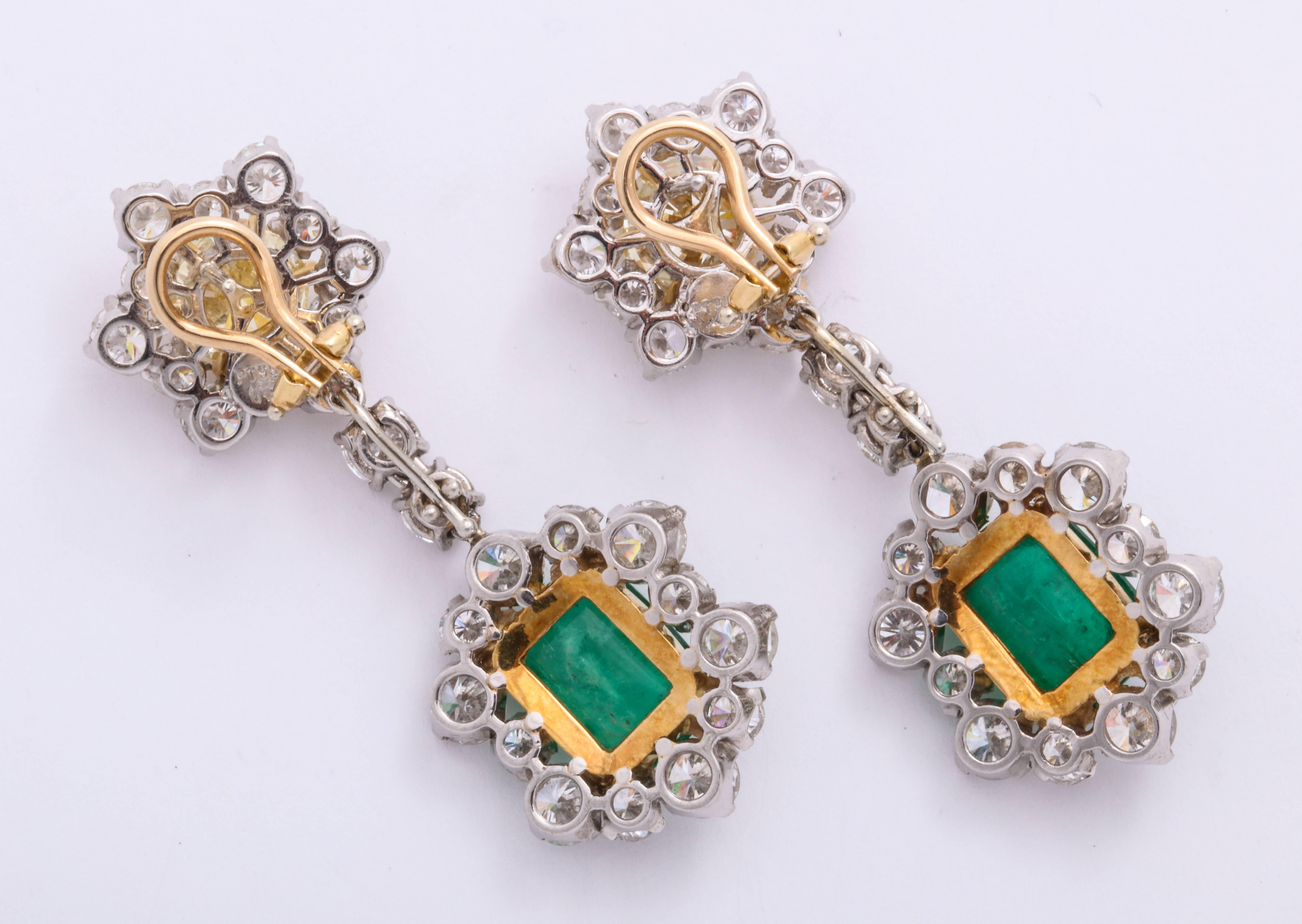 Platinum, Yellow Gold, Diamond and Cabochon Emerald Ear Pendant Earrings In New Condition For Sale In New York, NY