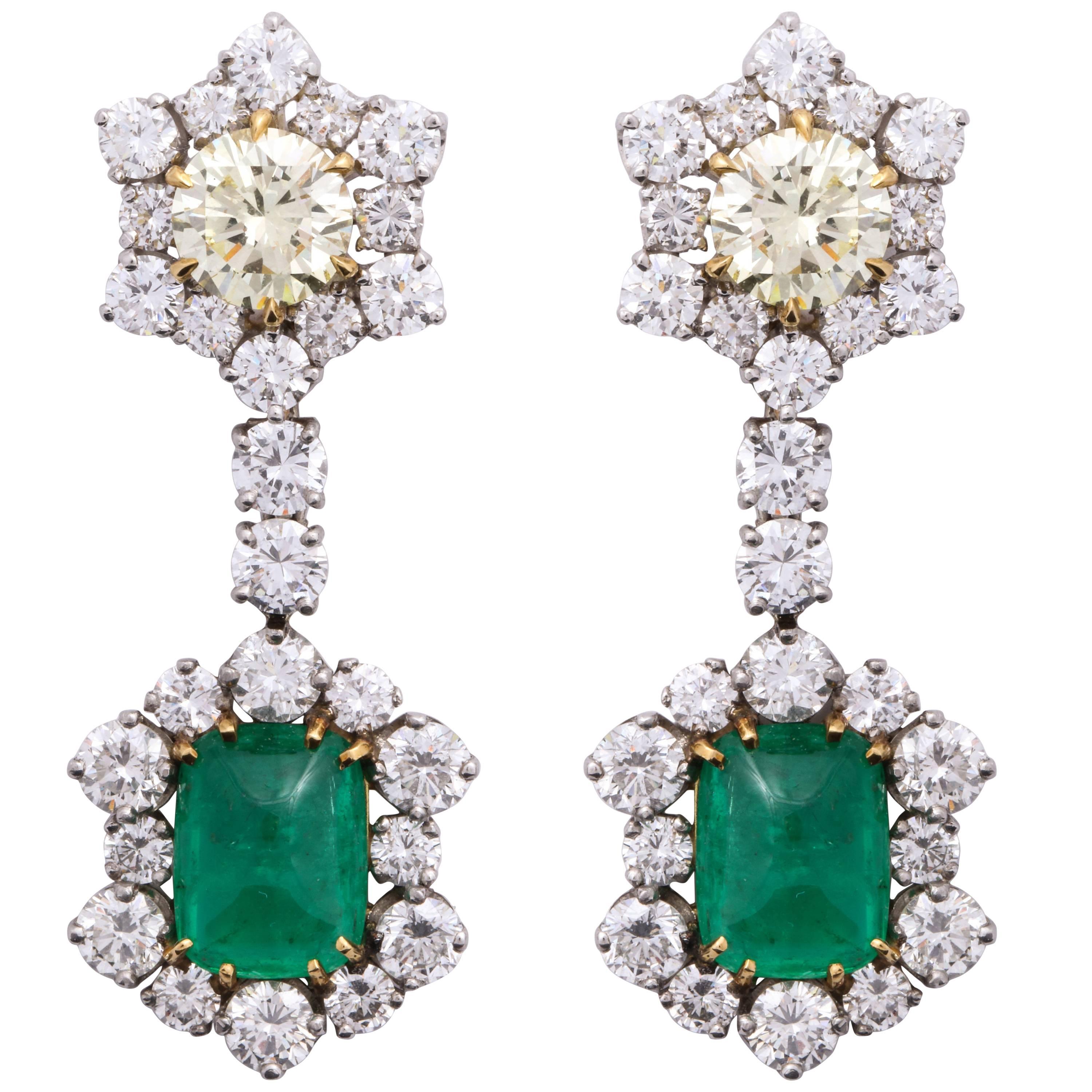 Platinum, Yellow Gold, Diamond and Cabochon Emerald Ear Pendant Earrings For Sale