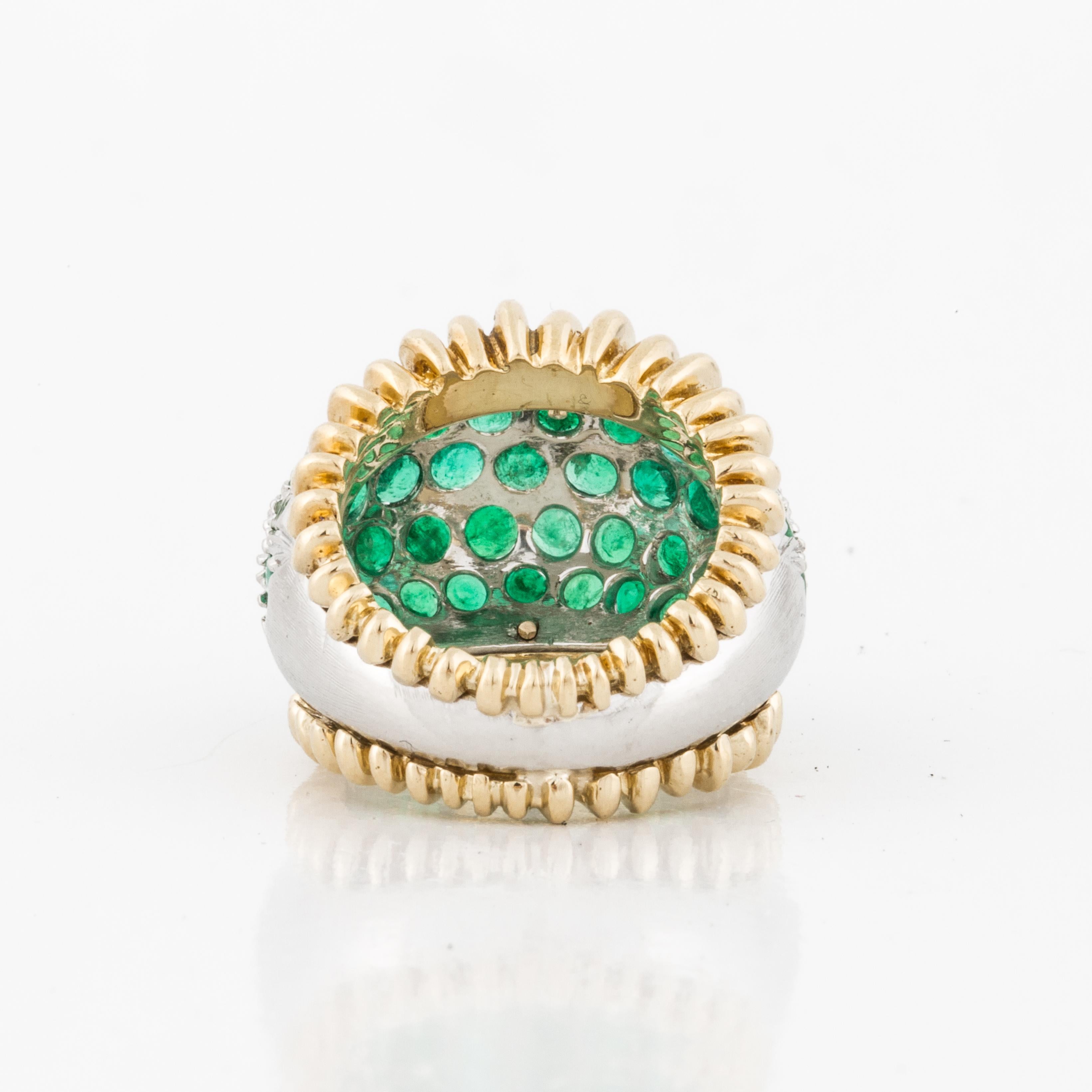Round Cut Pavé Emerald Dome Ring in Platinum and Gold For Sale