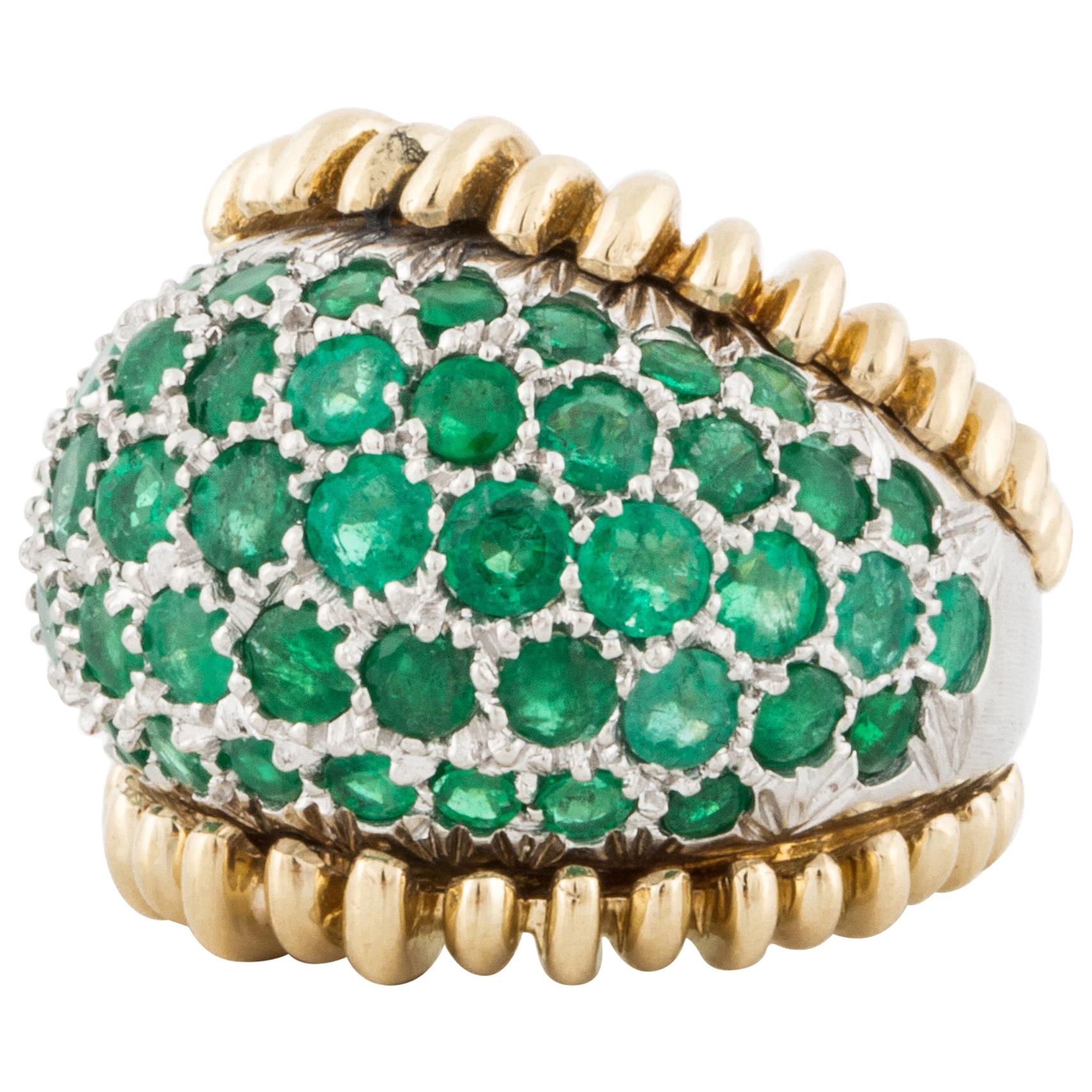 Pavé Emerald Dome Ring in Platinum and Gold For Sale