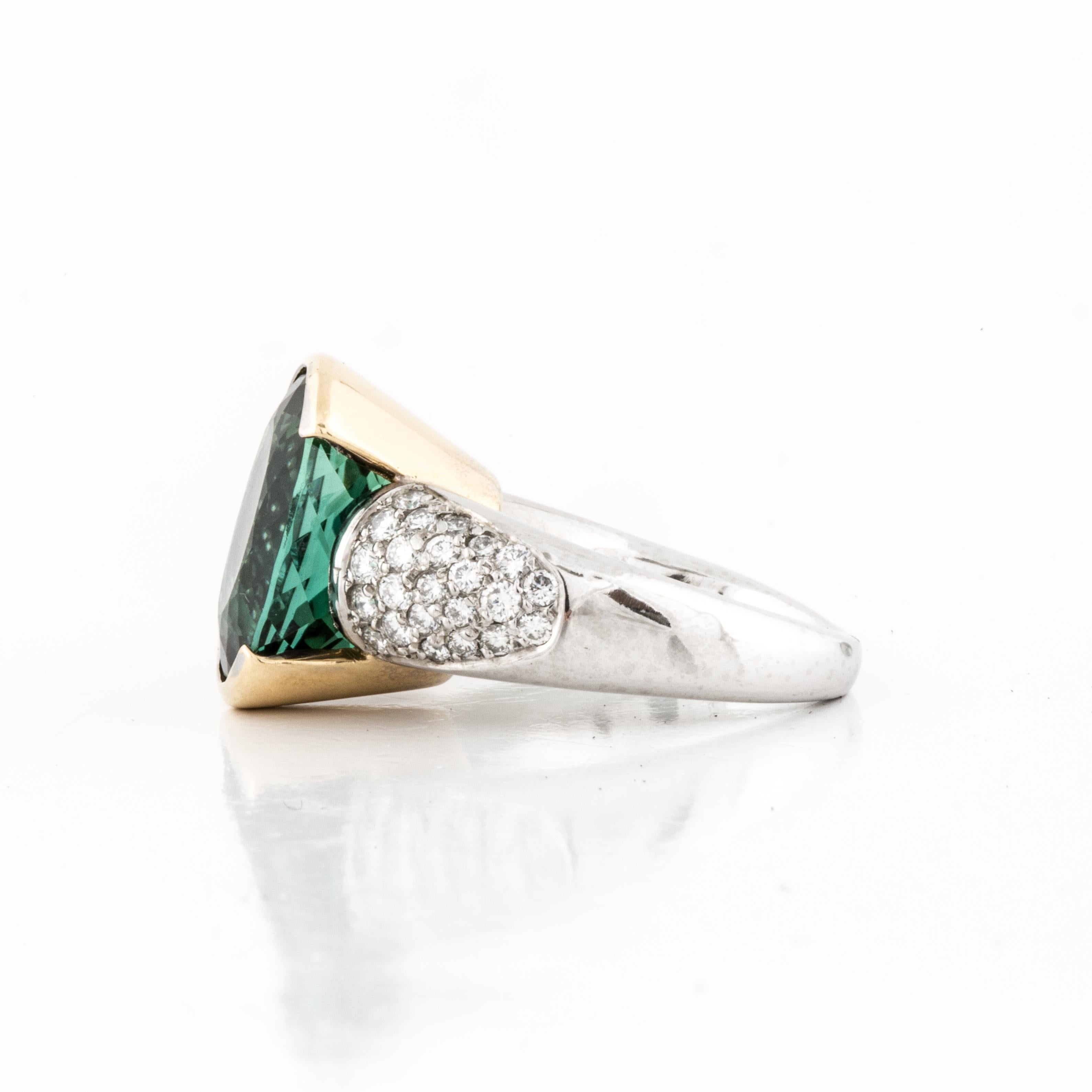 Mixed Cut 7.10 Carat Green Tourmaline Ring with Diamonds in Platinum  For Sale