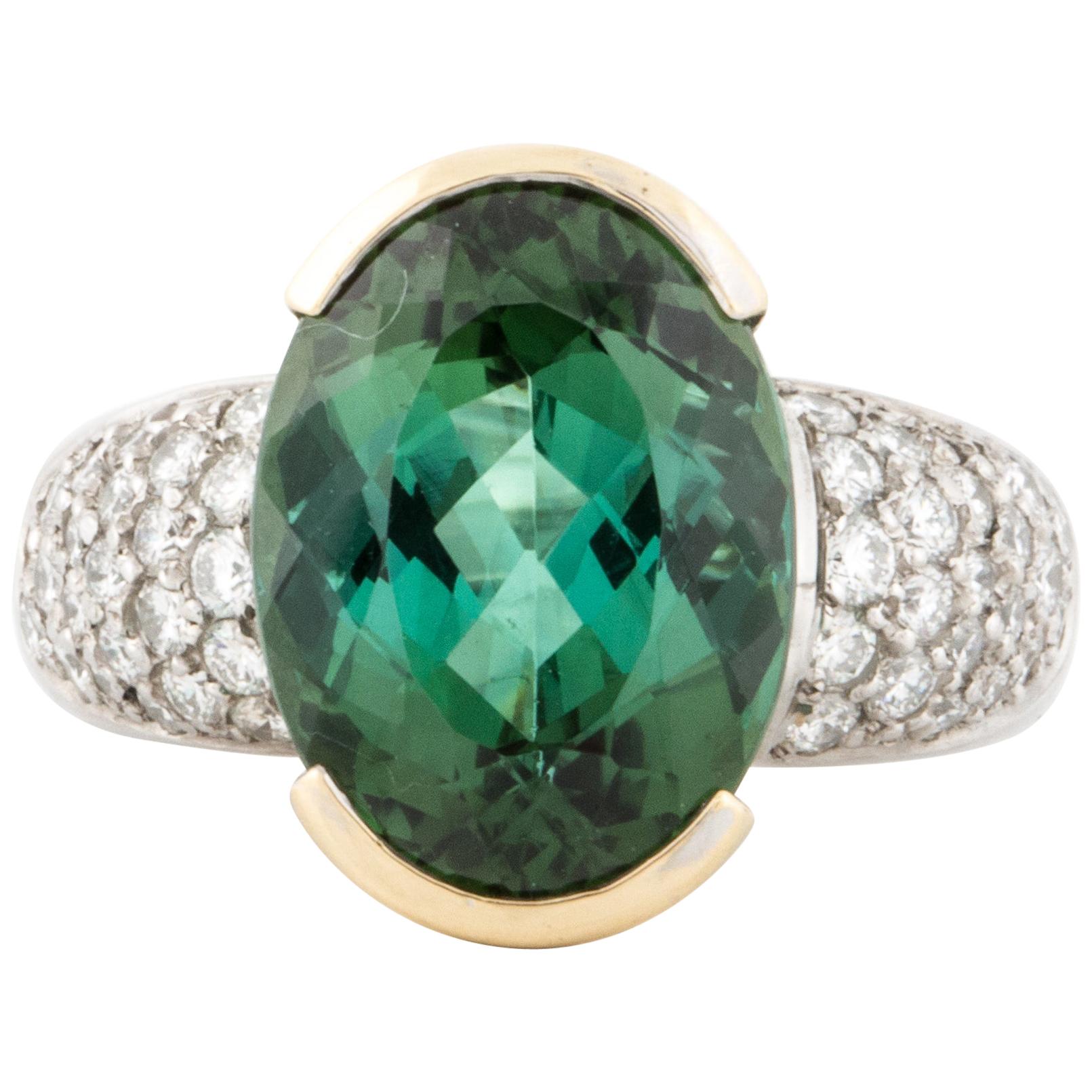 7.10 Carat Green Tourmaline Ring with Diamonds in Platinum  For Sale