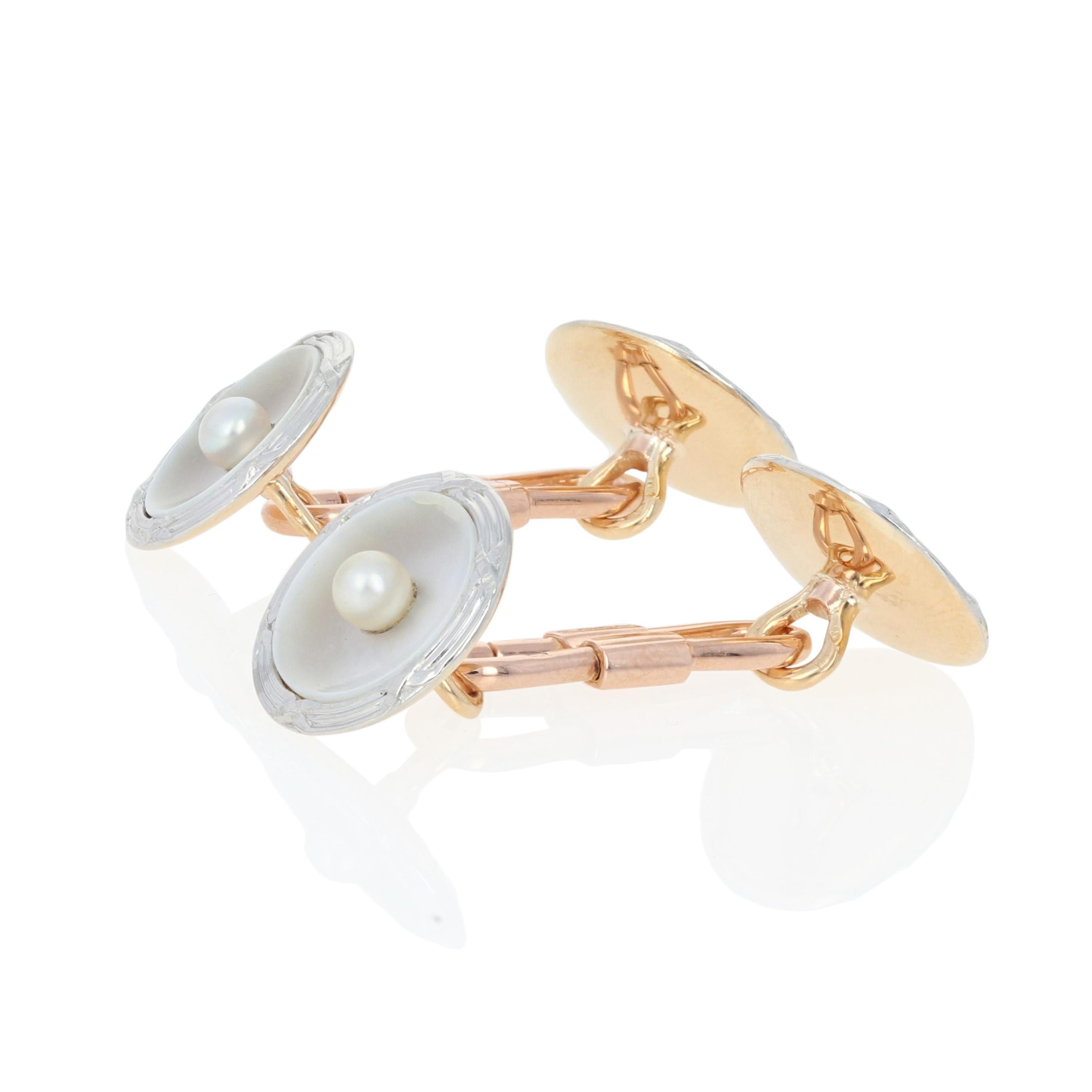 Era: Art Deco 1920s - 1930s

Metal Content: Guaranteed Platinum & 18k Gold as tested

Stone Information: 
Genuine Mother of Pearl
Cultured Pearls
 
Each Cufflink's Face: 9/16
