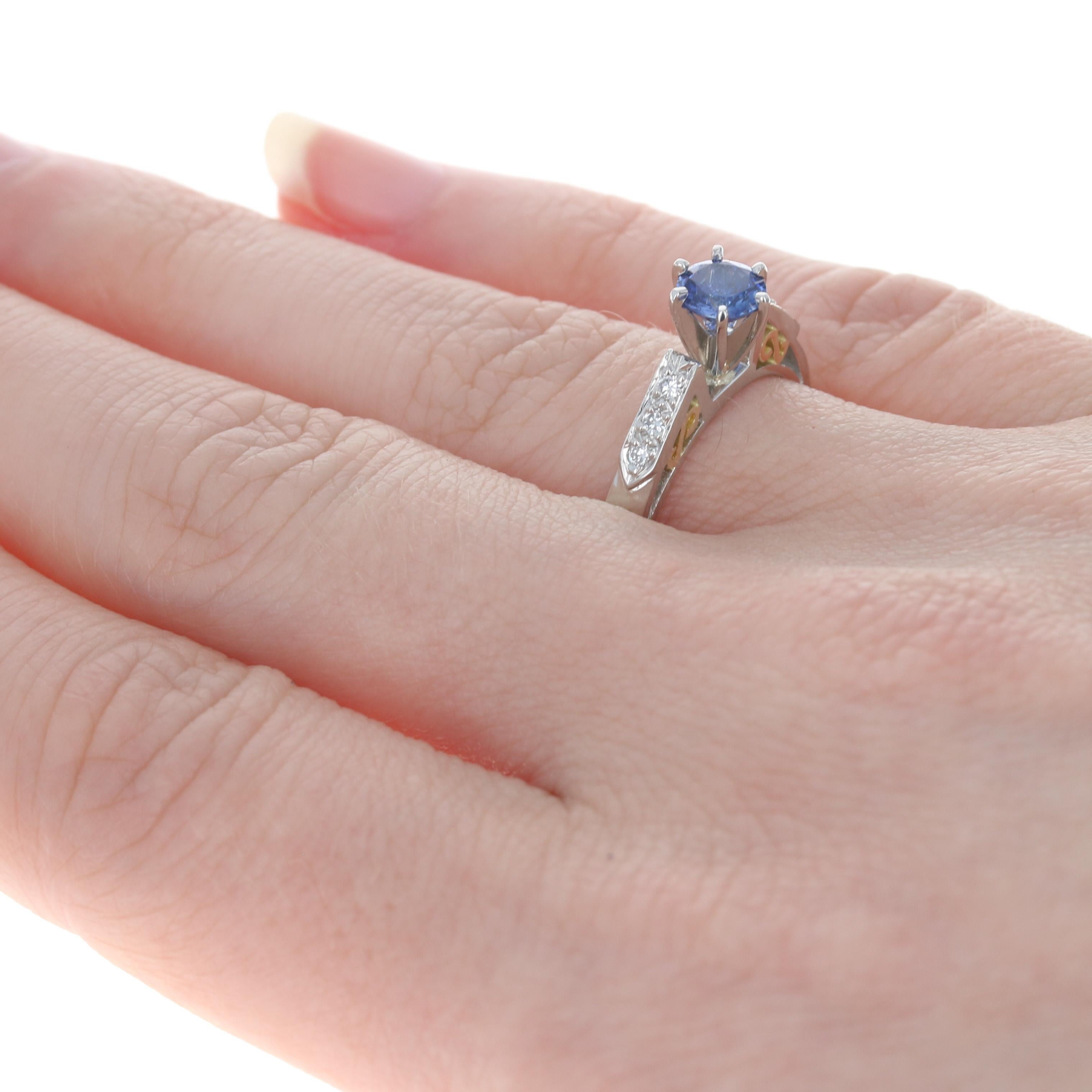 Women's Platinum & Yellow Gold Sapphire & Diamond Engagement Ring, 18k Round Cut .67ctw For Sale