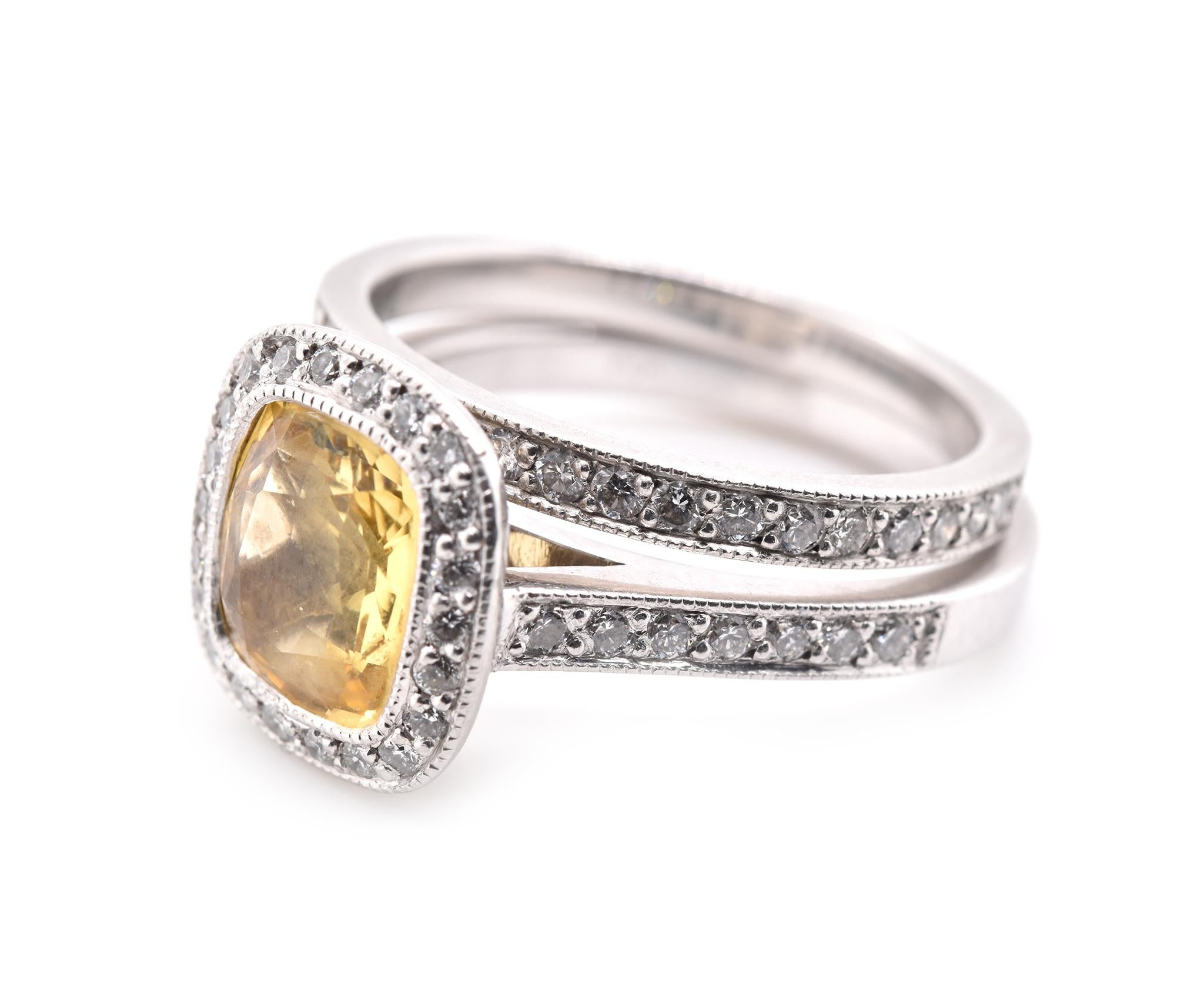Cushion Cut Platinum Yellow Sapphire and Diamond Ring Set For Sale