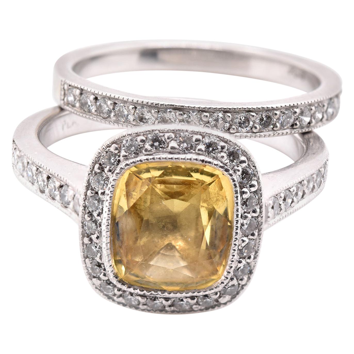 Platinum Yellow Sapphire and Diamond Ring Set For Sale