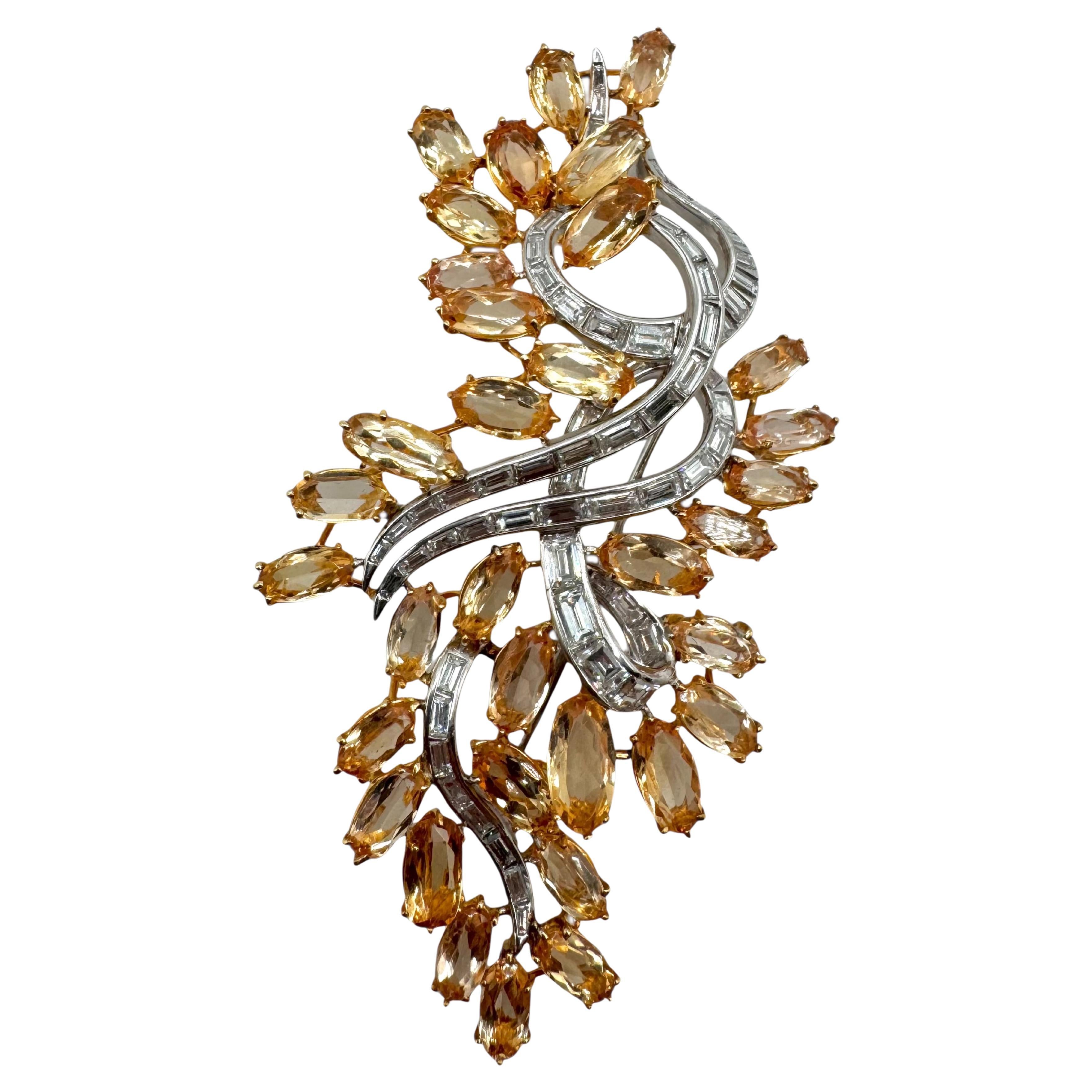 Platinum Yellow Topaz and Old Mine Diamond Floral Spray Brooch