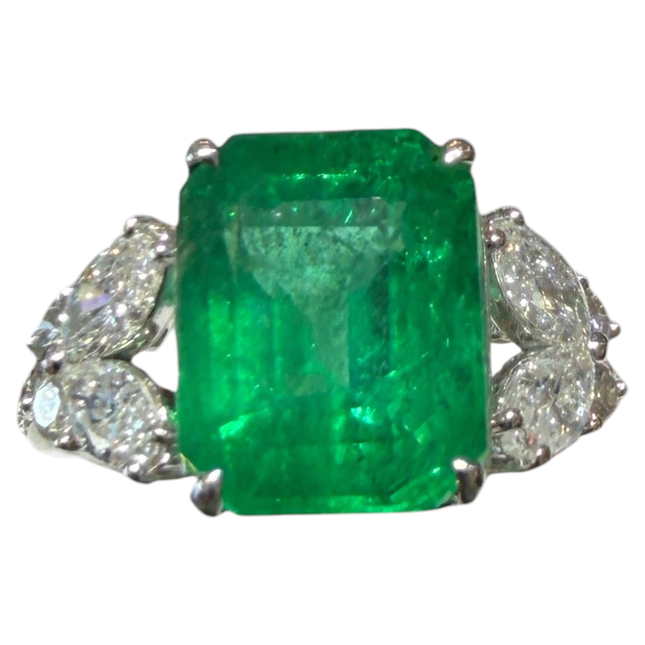 Platinum Zambian Emerald & Diamond Ring 4.56ct Emerald Cut Ring