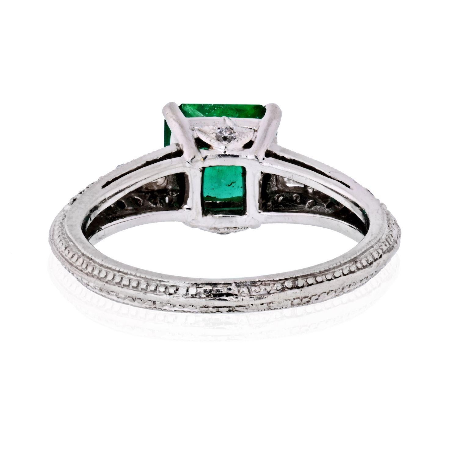 Modern Platinum Zambian Green Emerald and Diamond Ring
