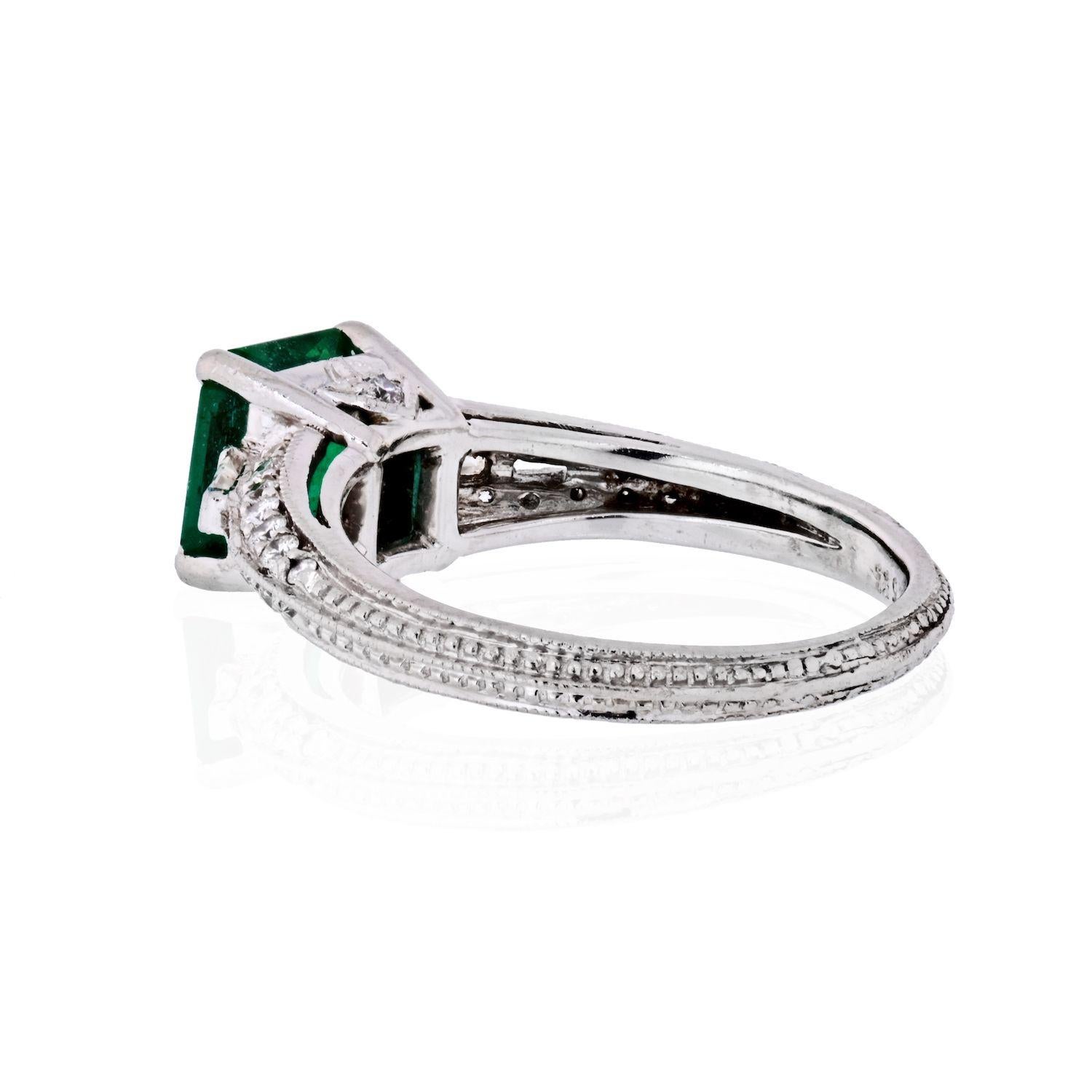 Emerald Cut Platinum Zambian Green Emerald and Diamond Ring
