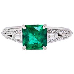 Platinum Zambian Green Emerald and Diamond Ring Vintage Platinum Zambian Green Emerald and Diamond Ring
