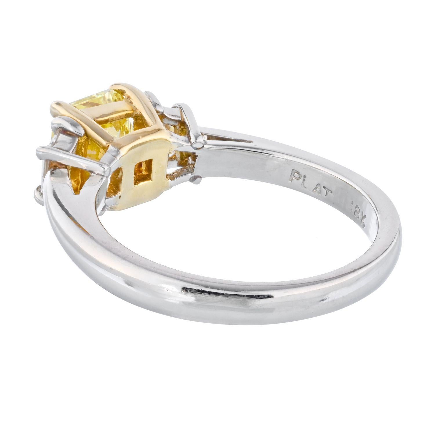 Modern Platinum & 18K Yellow Gold Fancy Yellow Three Stone Diamond Engagement Ring For Sale