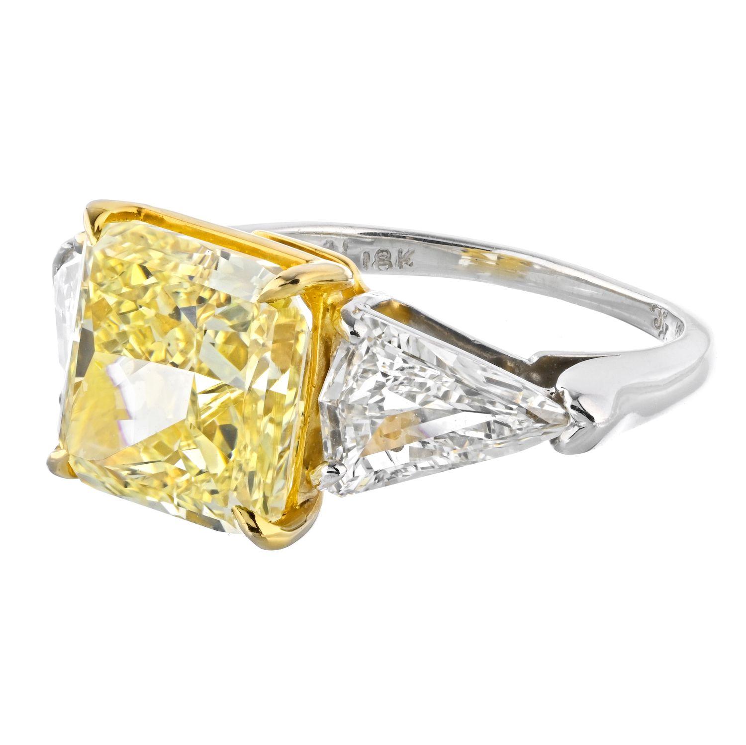 Modern Platinum & 18K Yellow Gold Fancy Yellow Three Stone Diamond Engagement Ring For Sale