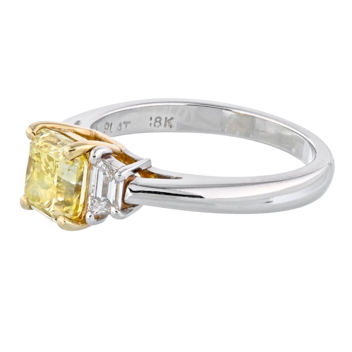 Radiant Cut Platinum & 18K Yellow Gold Fancy Yellow Three Stone Diamond Engagement Ring For Sale