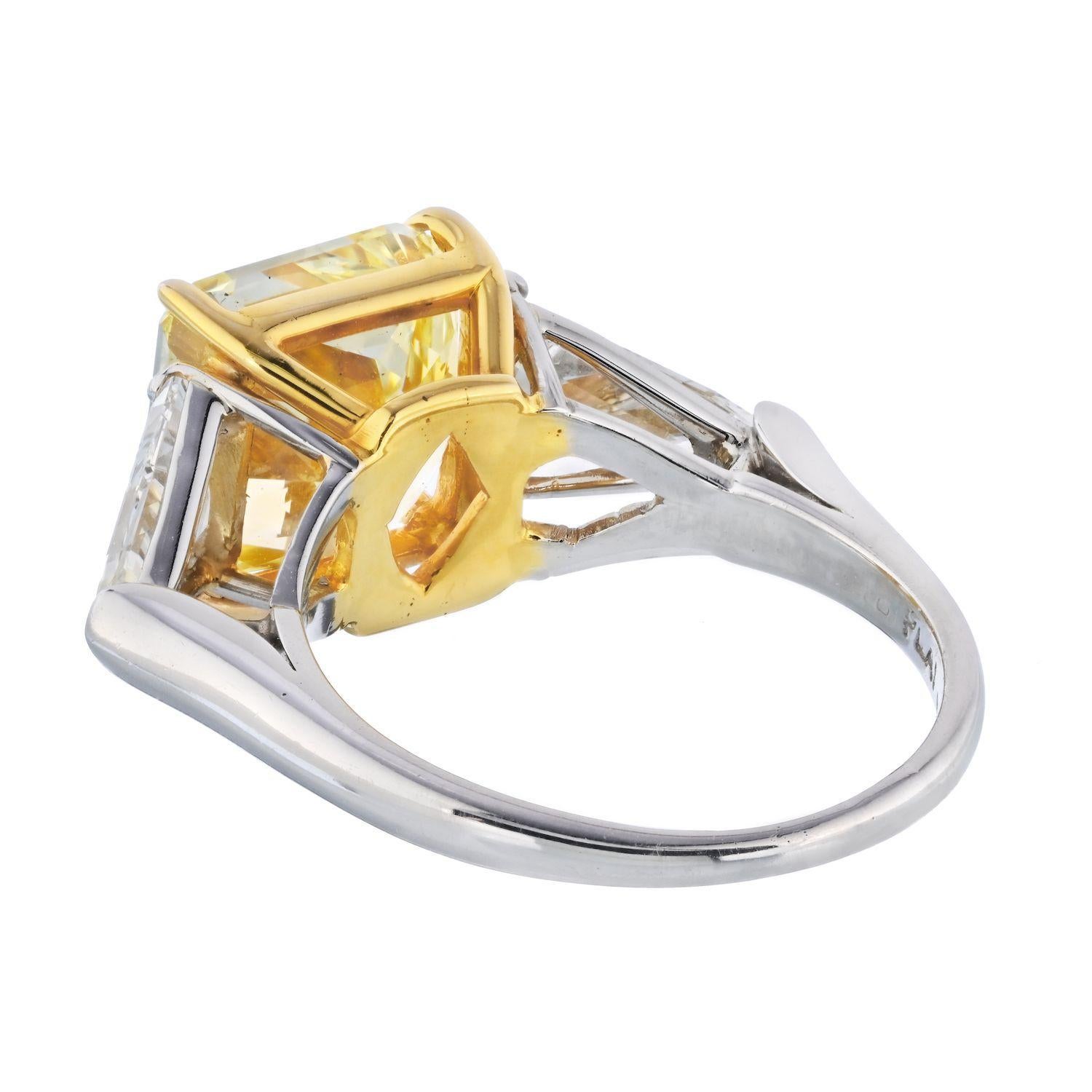 Radiant Cut Platinum & 18K Yellow Gold Fancy Yellow Three Stone Diamond Engagement Ring For Sale