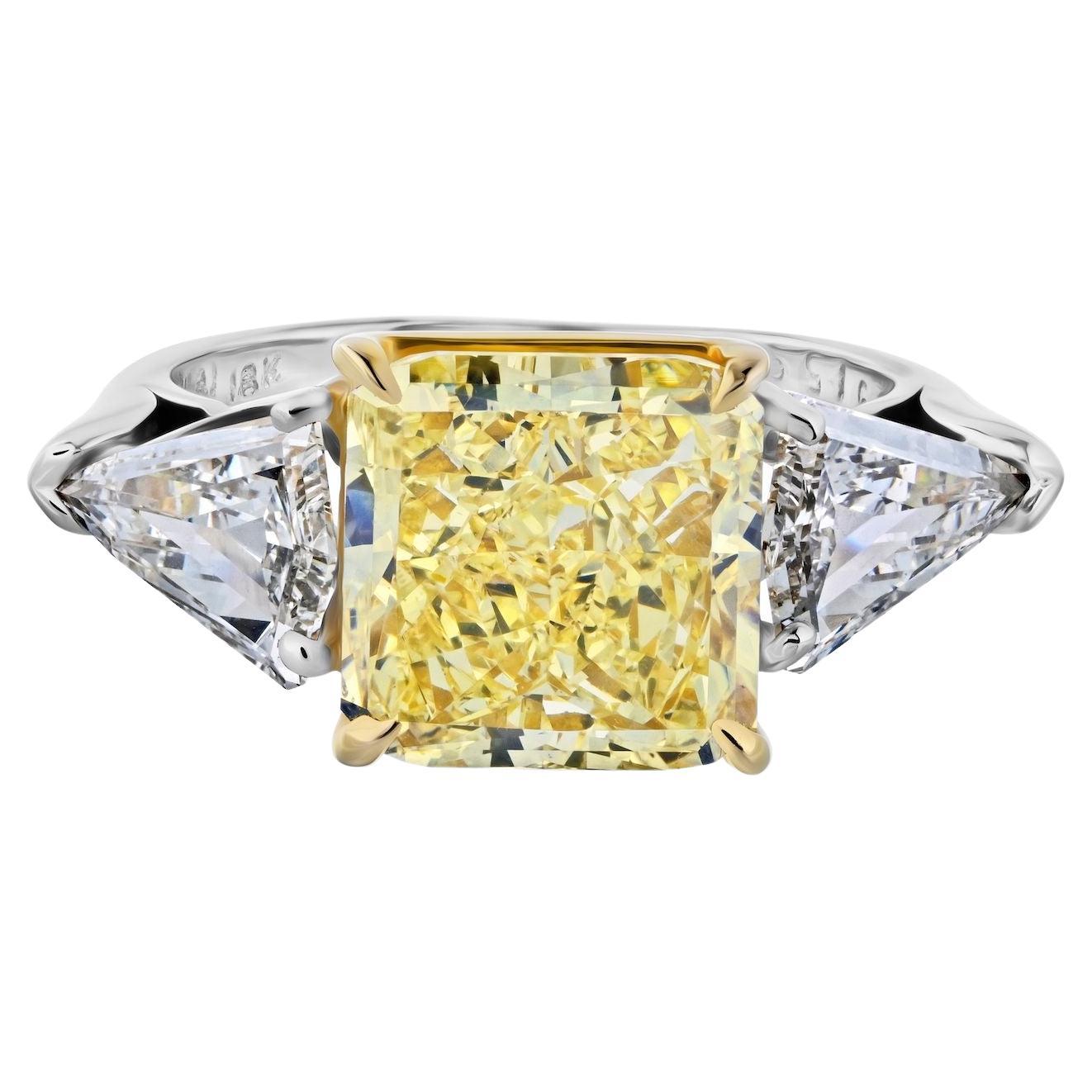 Platinum & 18K Yellow Gold Fancy Yellow Three Stone Diamond Engagement Ring For Sale