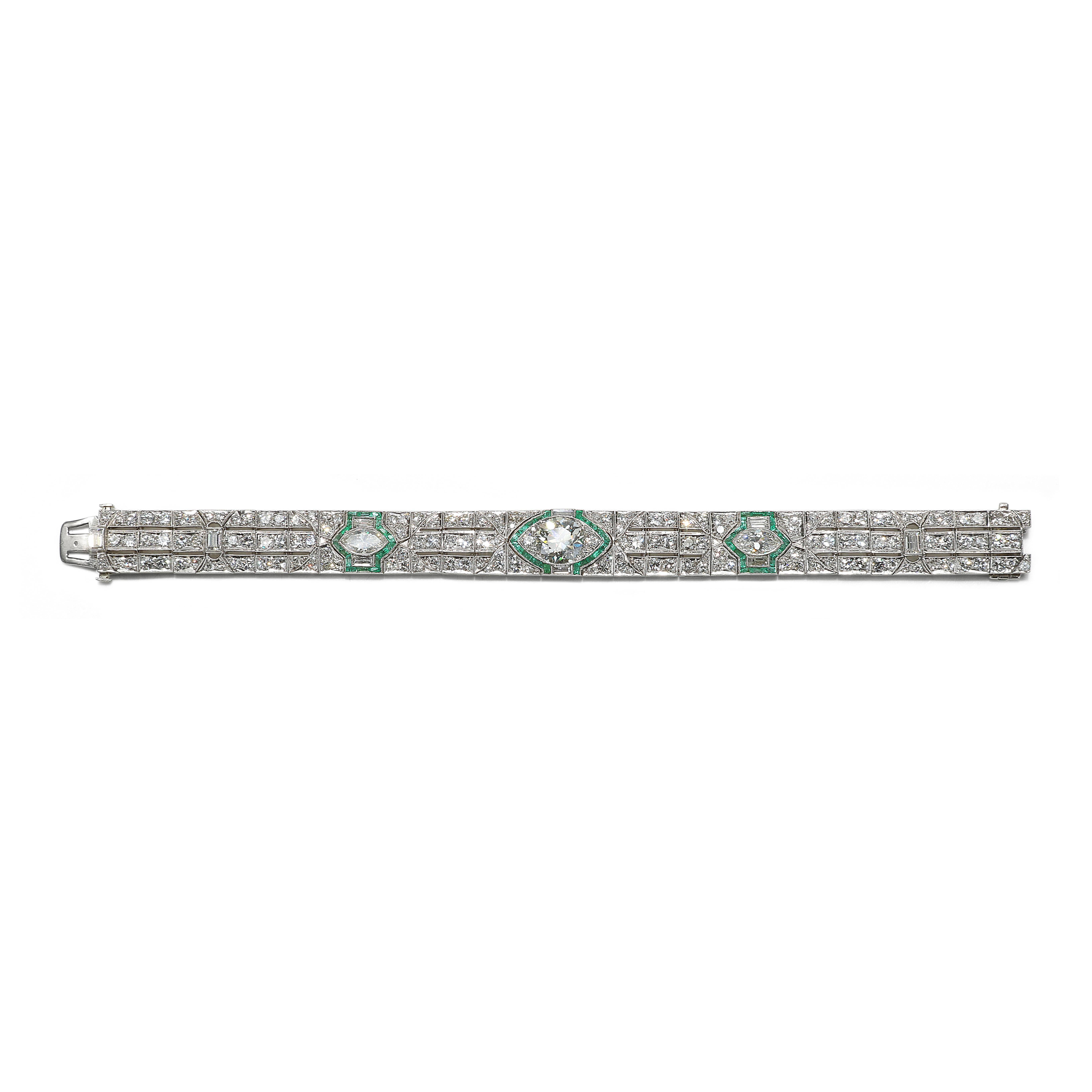 Old European Cut Platinum, Diamond and Emerald Art Deco Bracelet