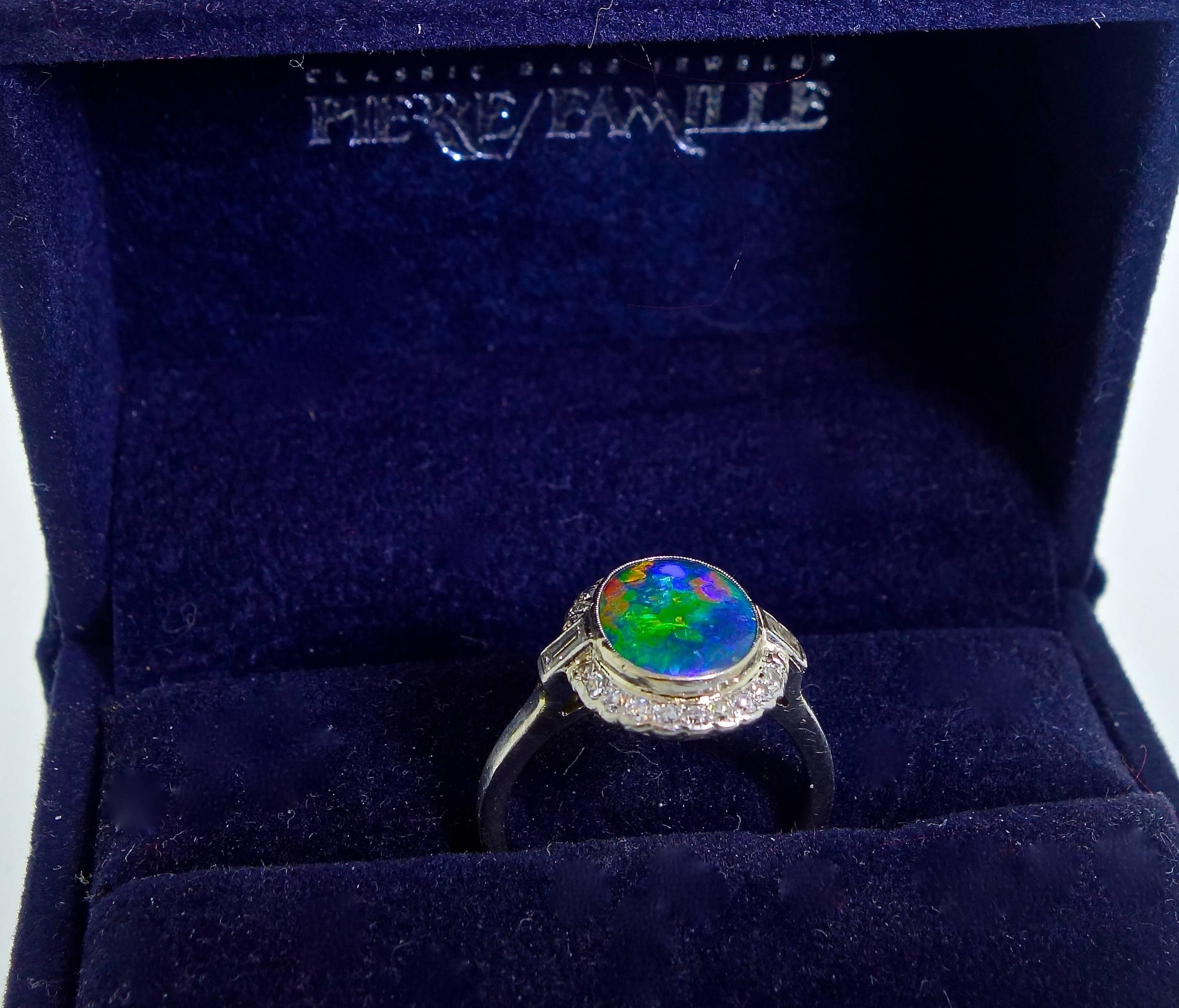 Women's or Men's Platinum, Diamond and Lightening Ridge Black Opal Art Deco Ring