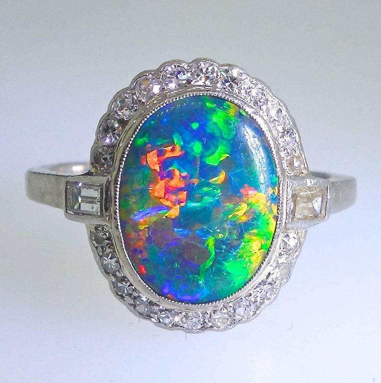 Platinum, Diamond and Lightening Ridge Black Opal Art Deco Ring at ...