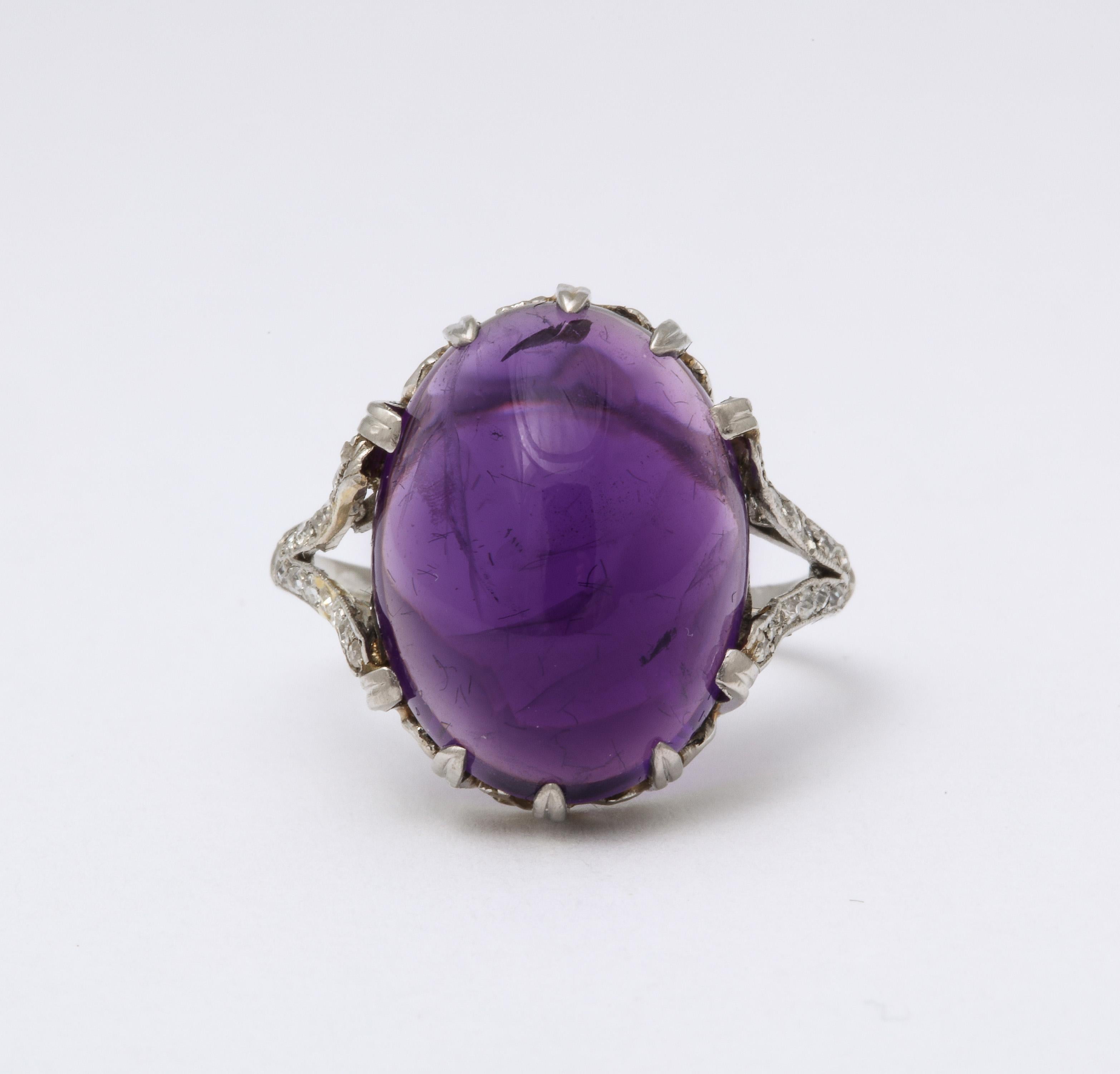 Art Deco Platinum Cabochon Amethyst and Rose Diamond Dinner Ring For Sale