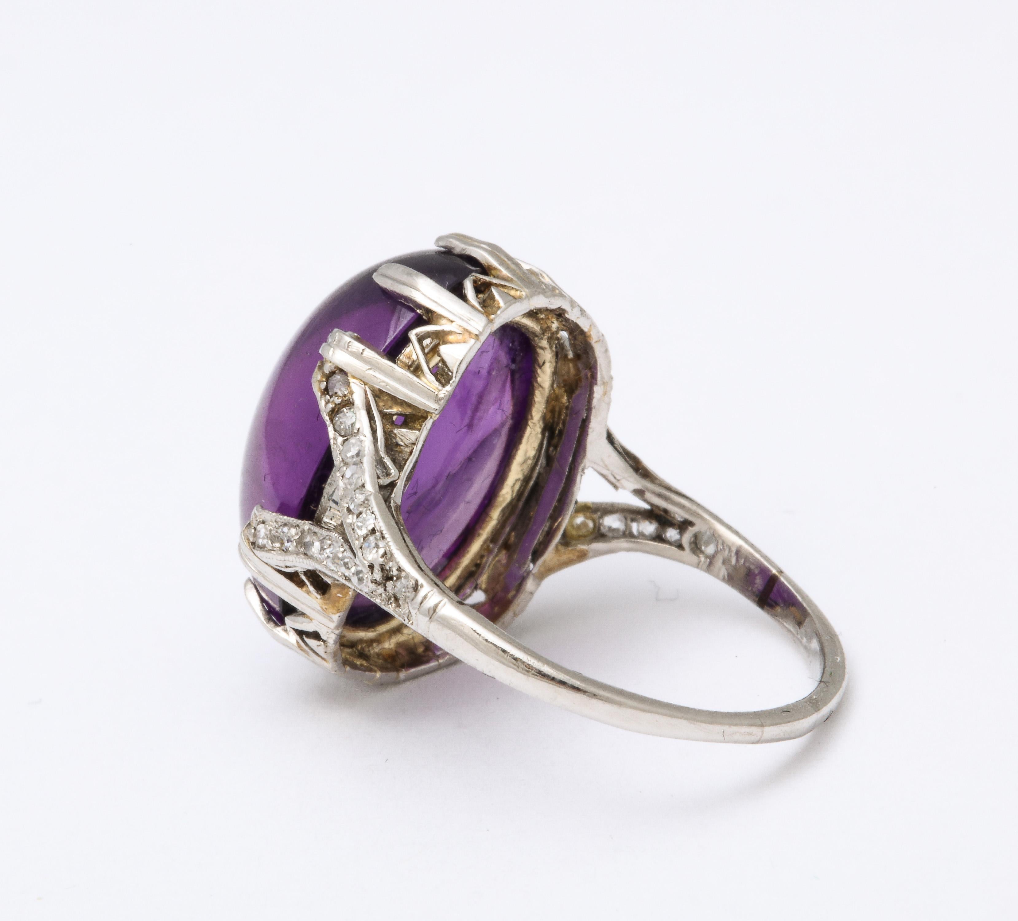 Platinum Cabochon Amethyst and Rose Diamond Dinner Ring In Good Condition For Sale In New York, NY