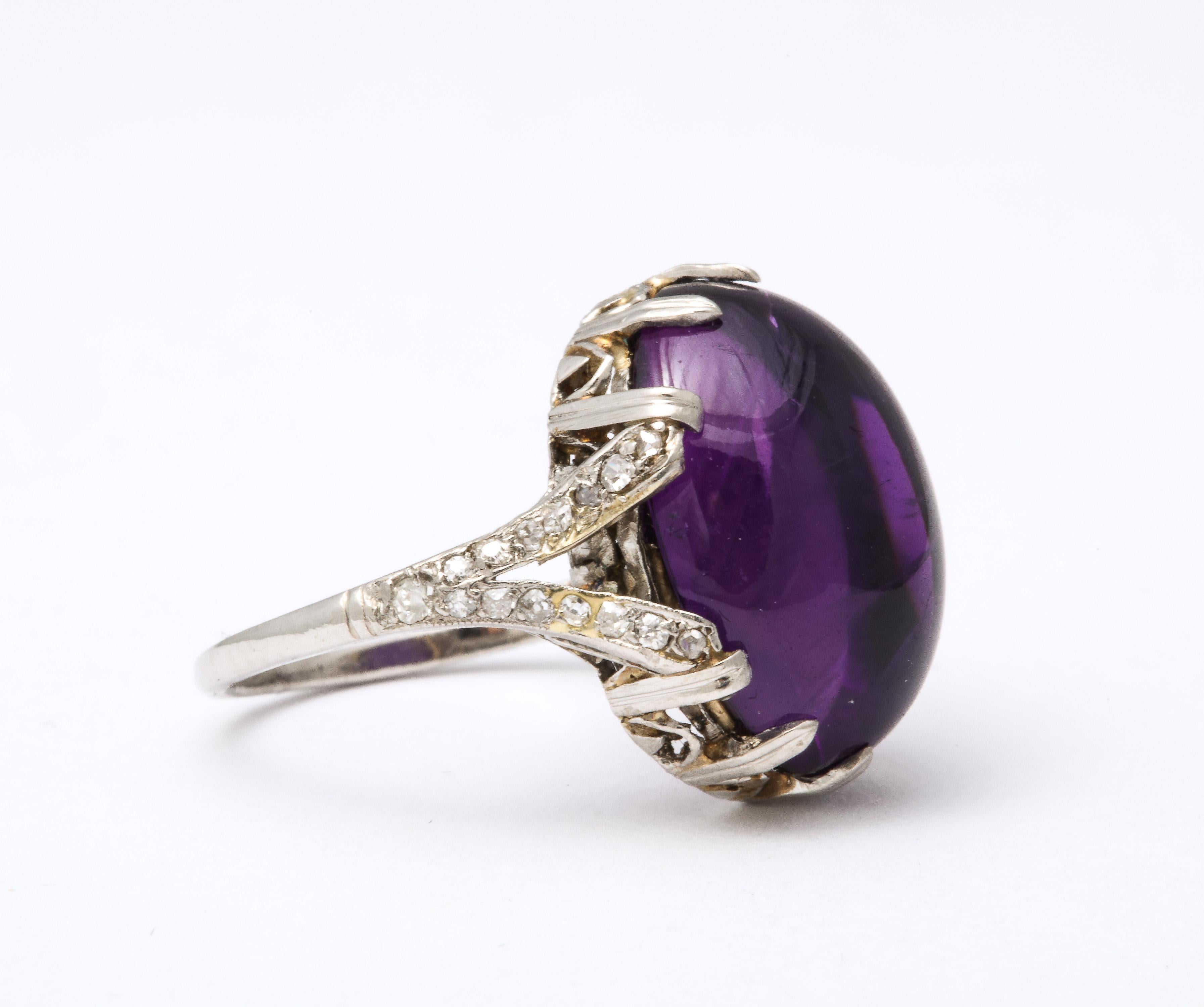 Platinum Cabochon Amethyst and Rose Diamond Dinner Ring For Sale 1