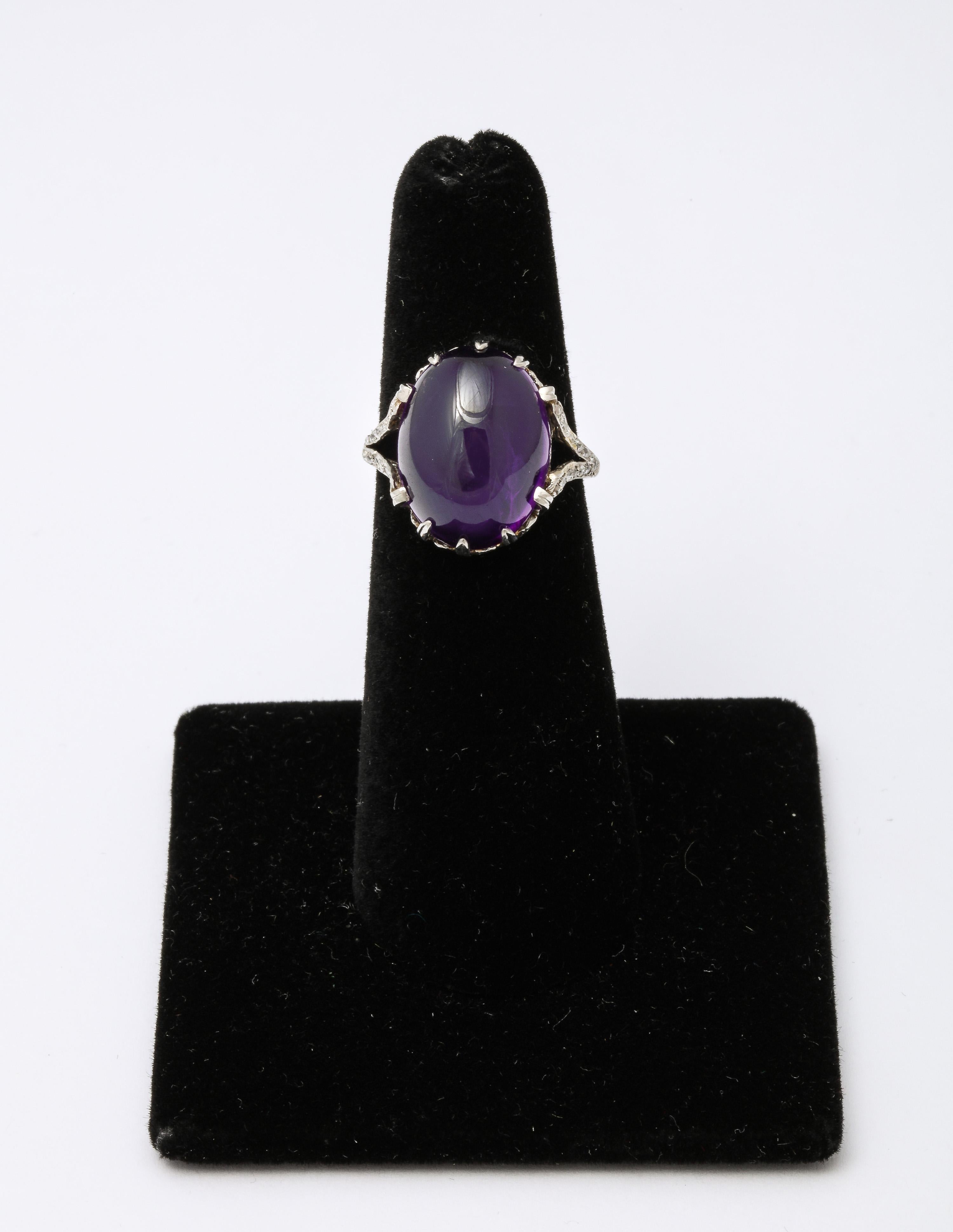Platinum Cabochon Amethyst and Rose Diamond Dinner Ring For Sale 3