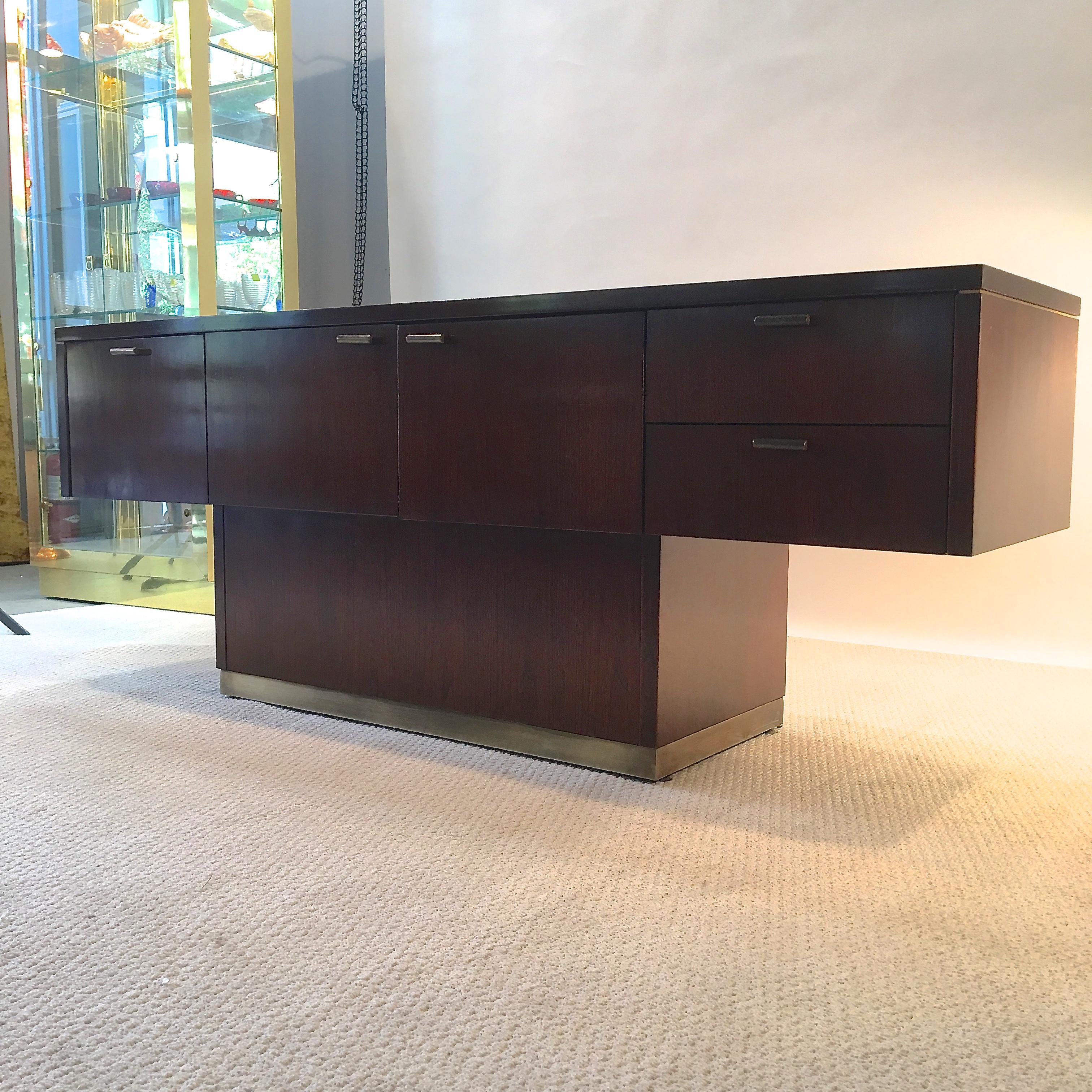 Platner Inspired Walnut and Bronze Floating Credenza In Good Condition In Hanover, MA