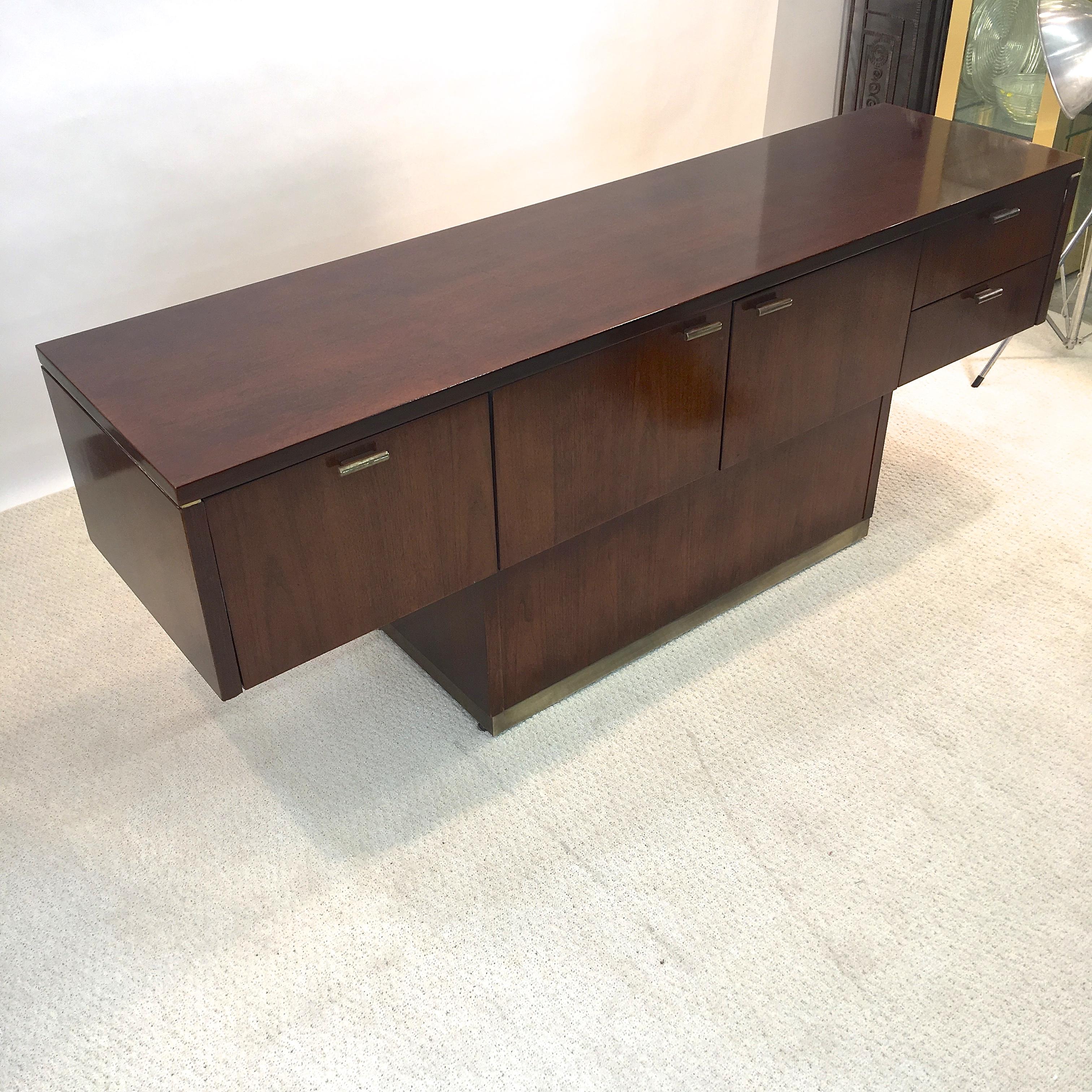 Brass Platner Inspired Walnut and Bronze Floating Credenza