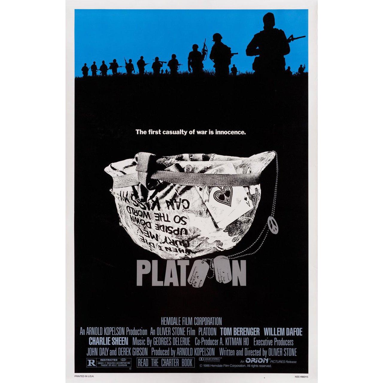 Original 1986 U.S. one sheet poster by Larry Lurin for the film Platoon directed by Oliver Stone with Keith David / Forest Whitaker / Francesco Quinn / Kevin Dillon. Very Good-Fine condition, rolled with small hole at bottom. Please note: the size