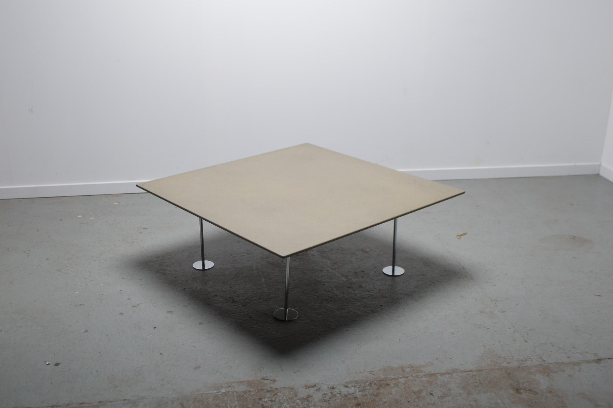 Platos coffee table mde from polished stone with chromle legs. 

The table was purchased from the we renowned design furniture shop; Dominique Rigo in Brussels in 1988. 

We have the original invoice. The table is in nearly perfect condition.