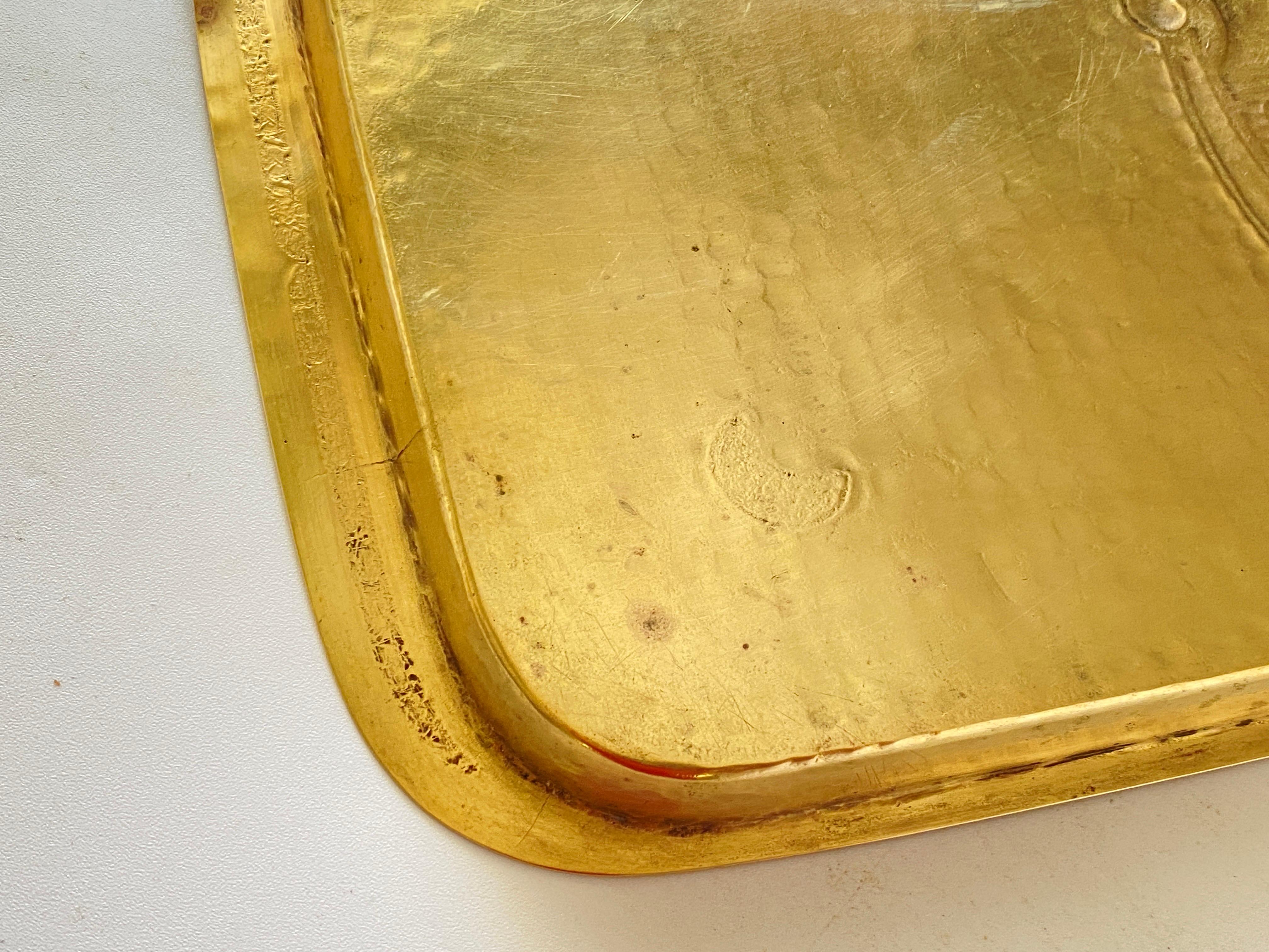 French Platter in Brass, Art Deco Period, Gold Color, 2 Signed, France, 1940 For Sale