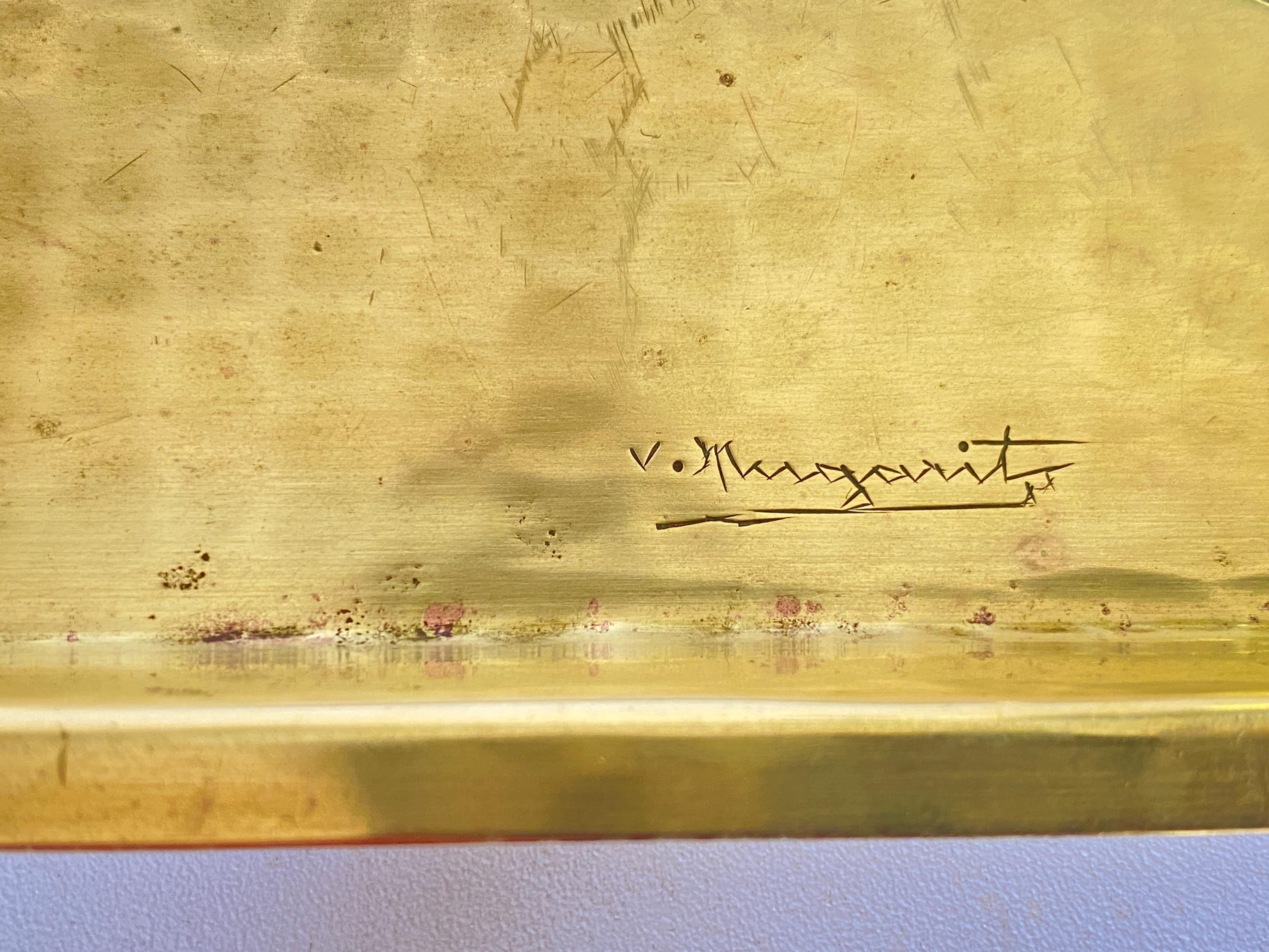 Platte aus Messing, Art-Déco-Periode, Goldfarbe, 2 signiert, Frankreich, 1940 im Angebot 2
