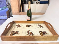 Platter or Tray in Ceramic and Wood France 1970s Brown and White Color