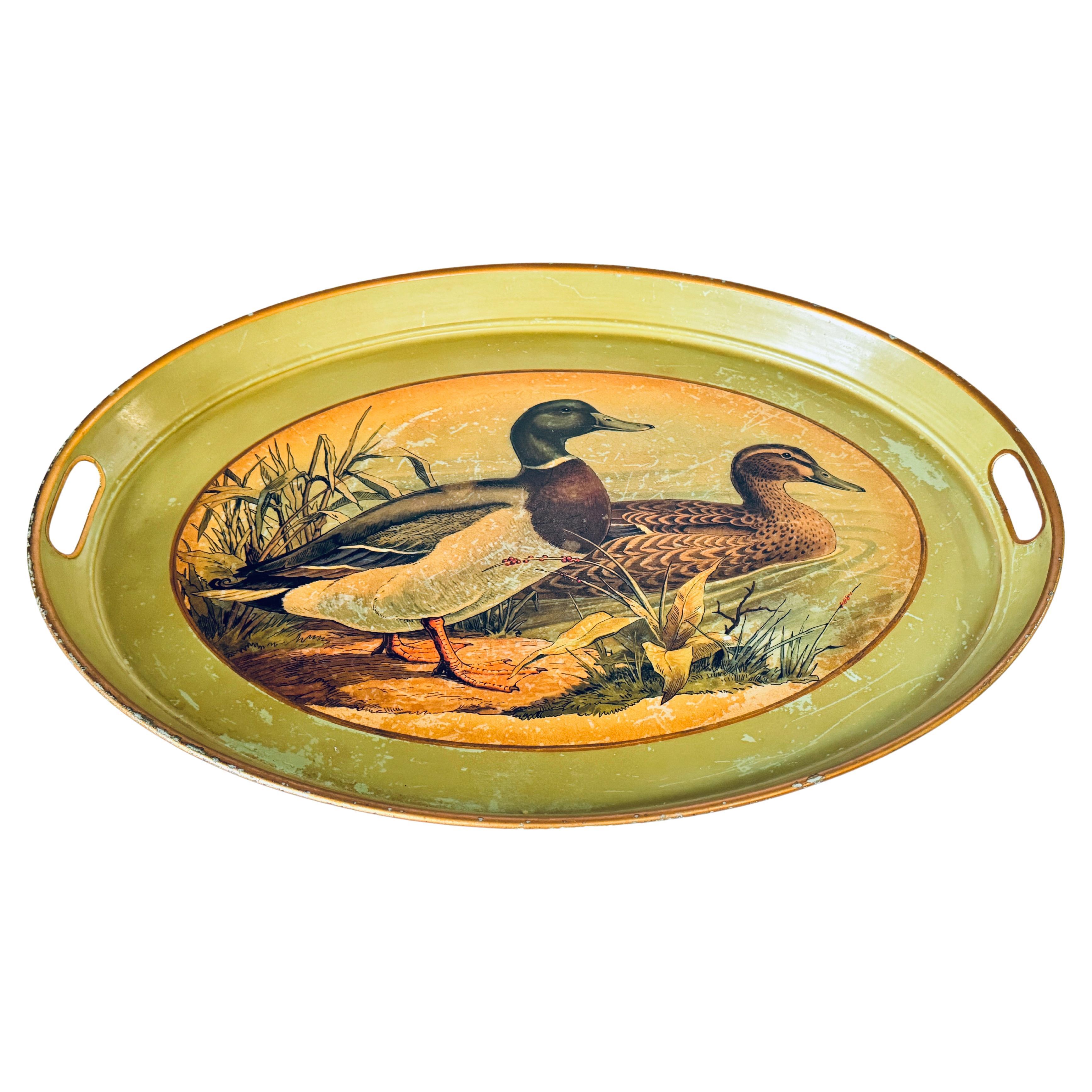 Platter or Tray Metal painted England 1970s Green and Yellow Color with Ducks  For Sale