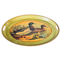 Retro Platter or Tray Metal painted England 1970s Green and Yellow Color with Ducks 