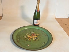 Platter or Tray Metal painted France 1970s Green Color with Flowers
