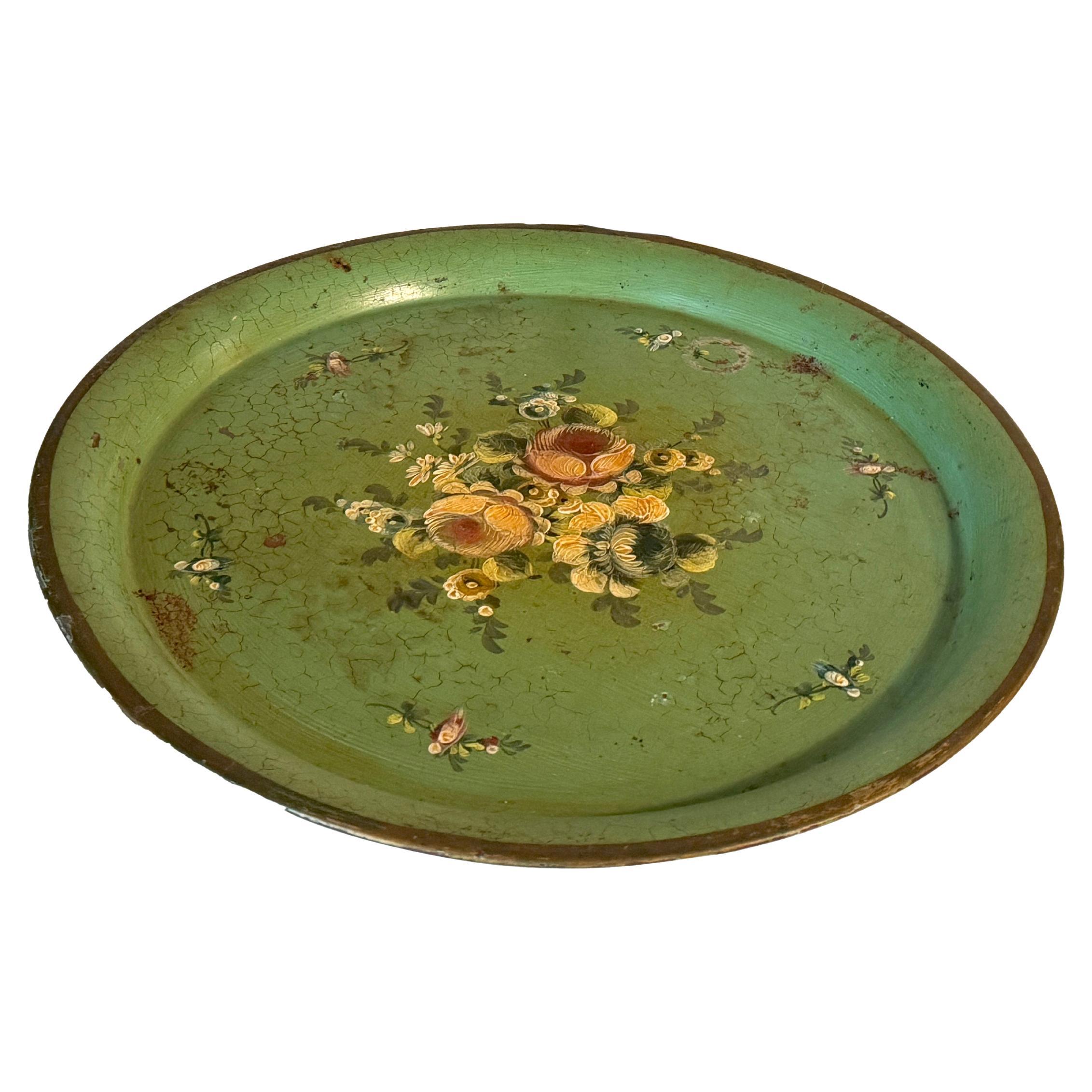 Platter or Tray Metal painted France 1970s Green Color with Flowers  For Sale