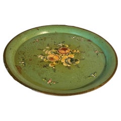 Retro Platter or Tray Metal painted France 1970s Green Color with Flowers 