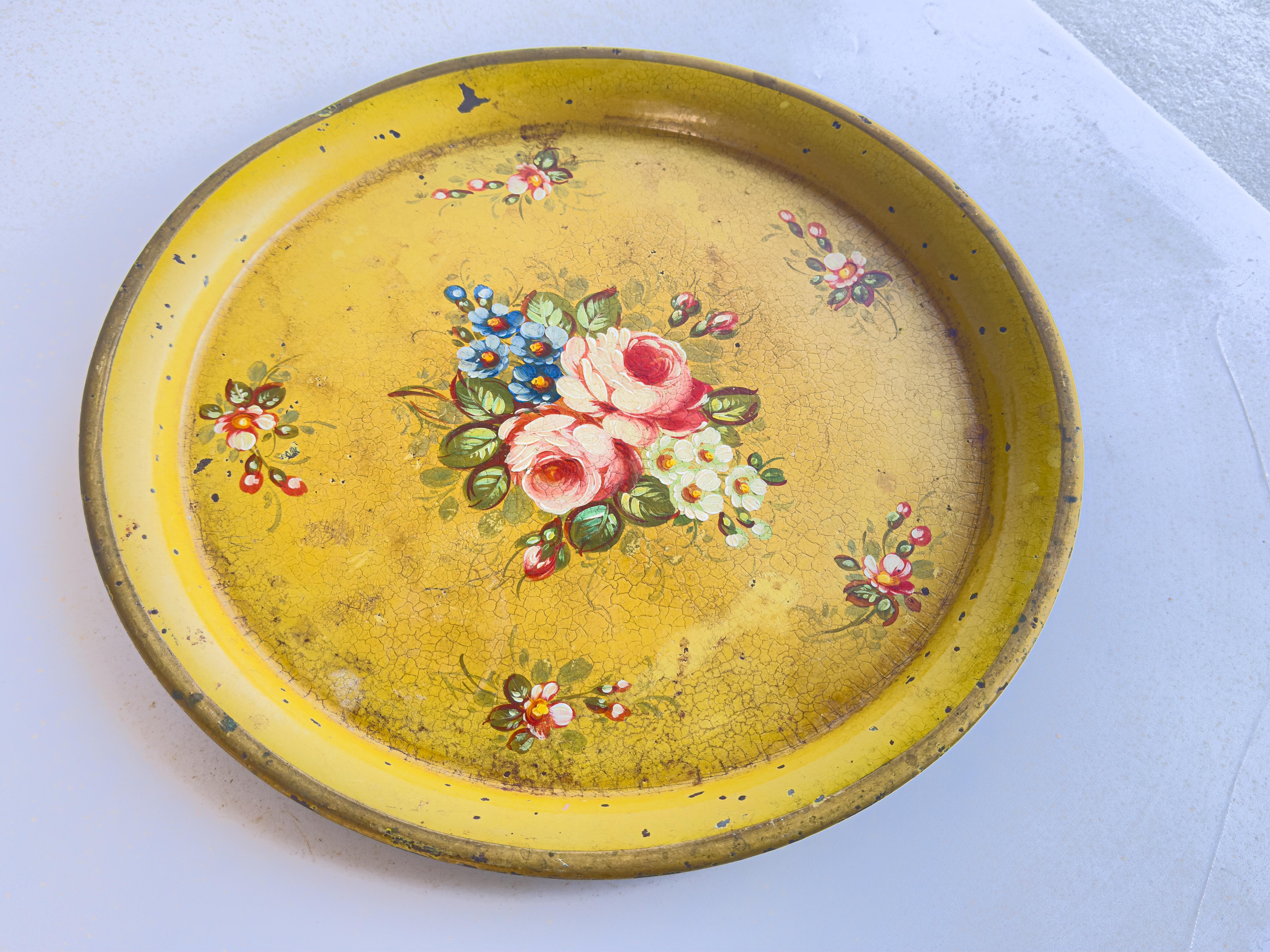 Hand-Painted Platter or Tray Metal painted France 1970s Yellow Color with Flowers  For Sale
