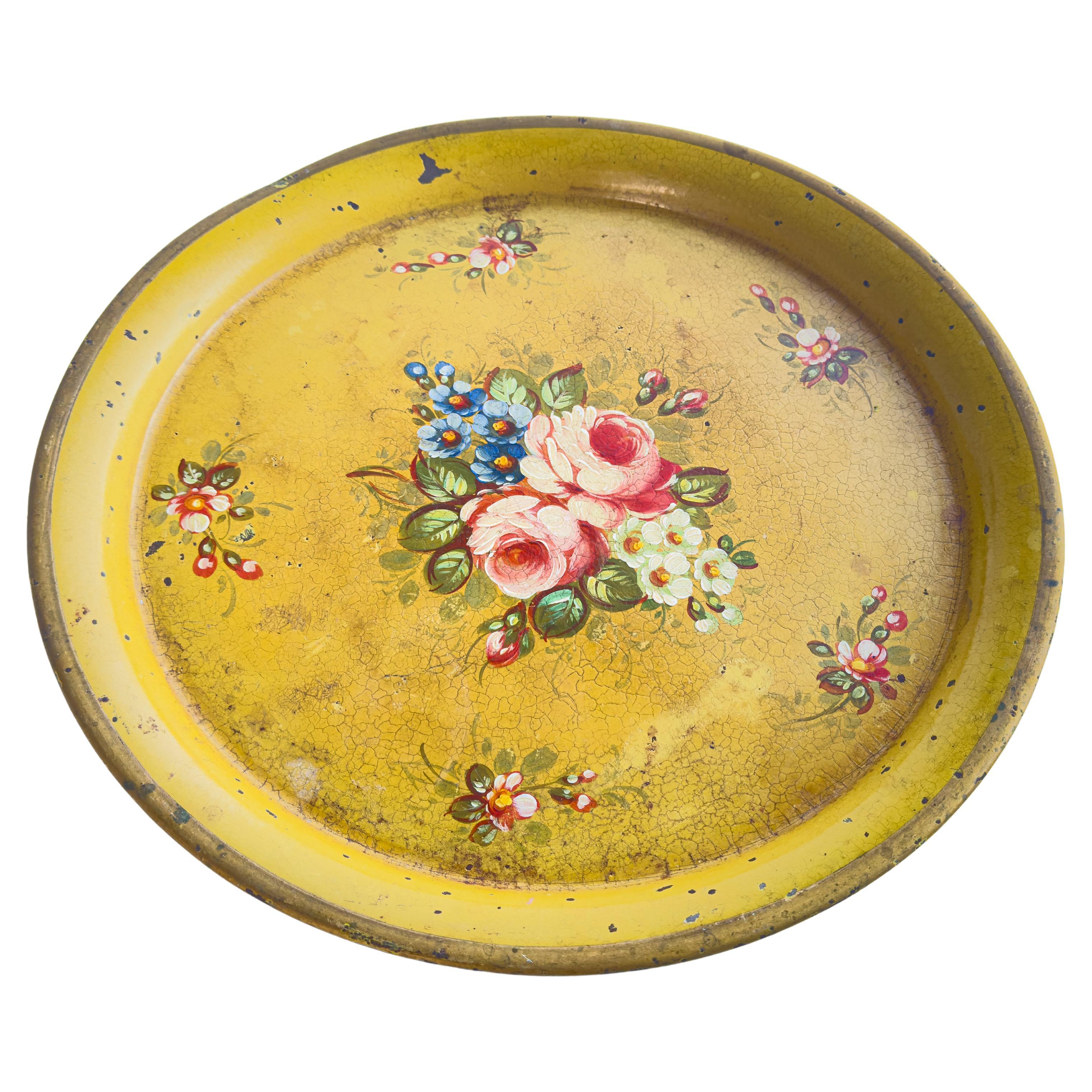 Platter or Tray Metal painted France 1970s Yellow Color with Flowers 