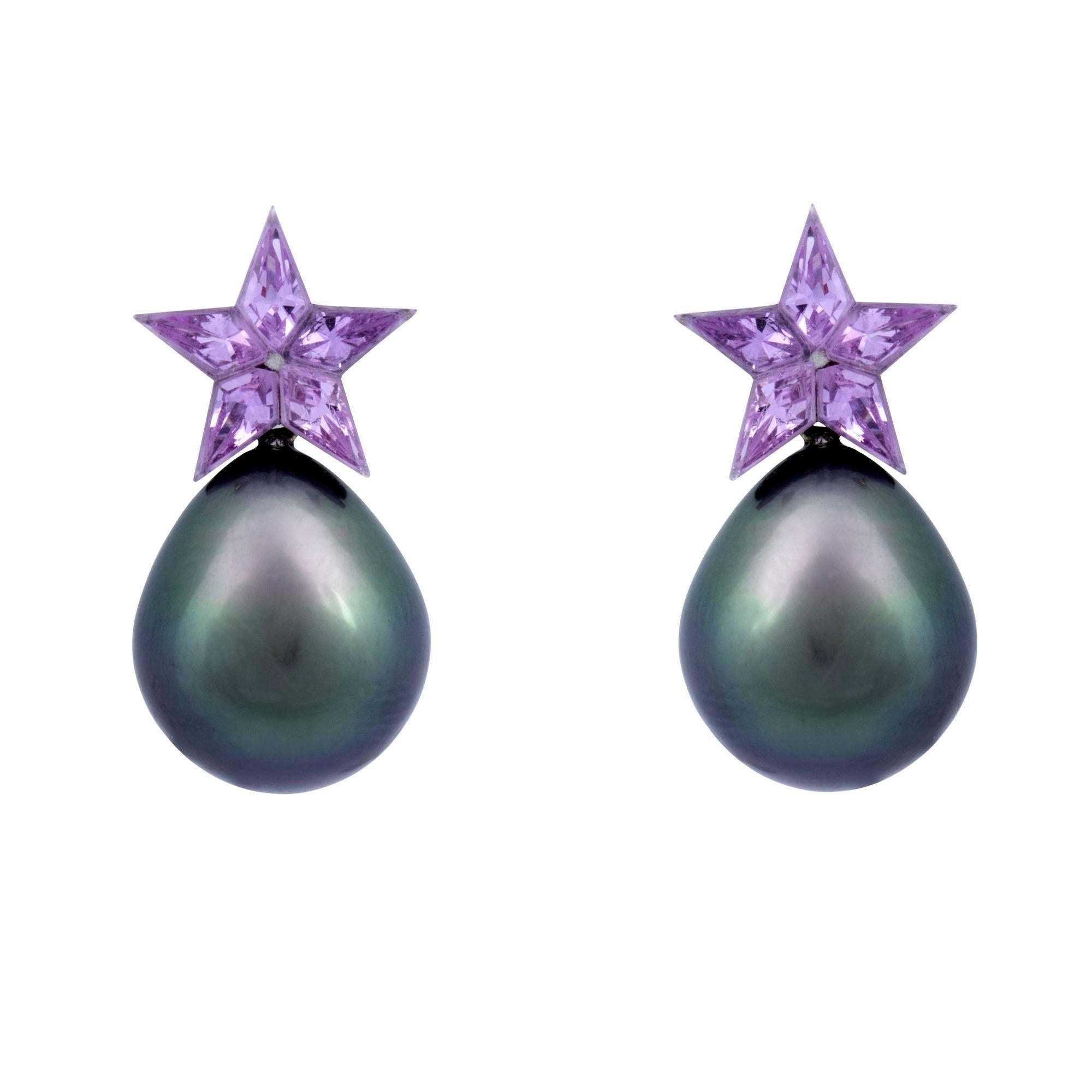 PLAX Jewellery Tahitian Pearl and Pink Sapphire Stud Earrings For Sale