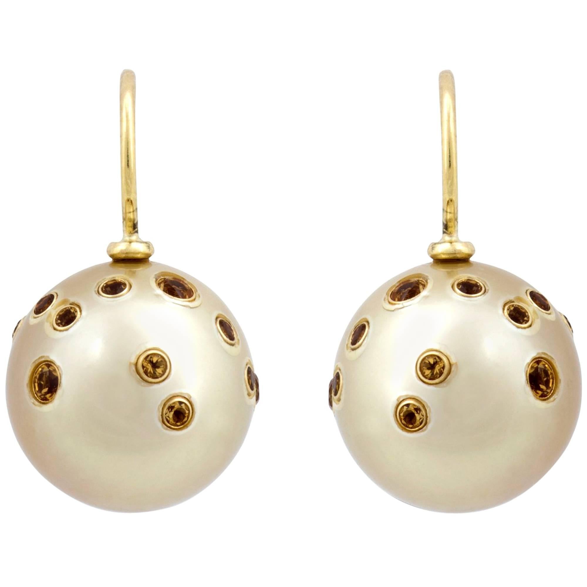 PLAX JewelleryGolden South Sea Pearl and Citrine Earrings For Sale
