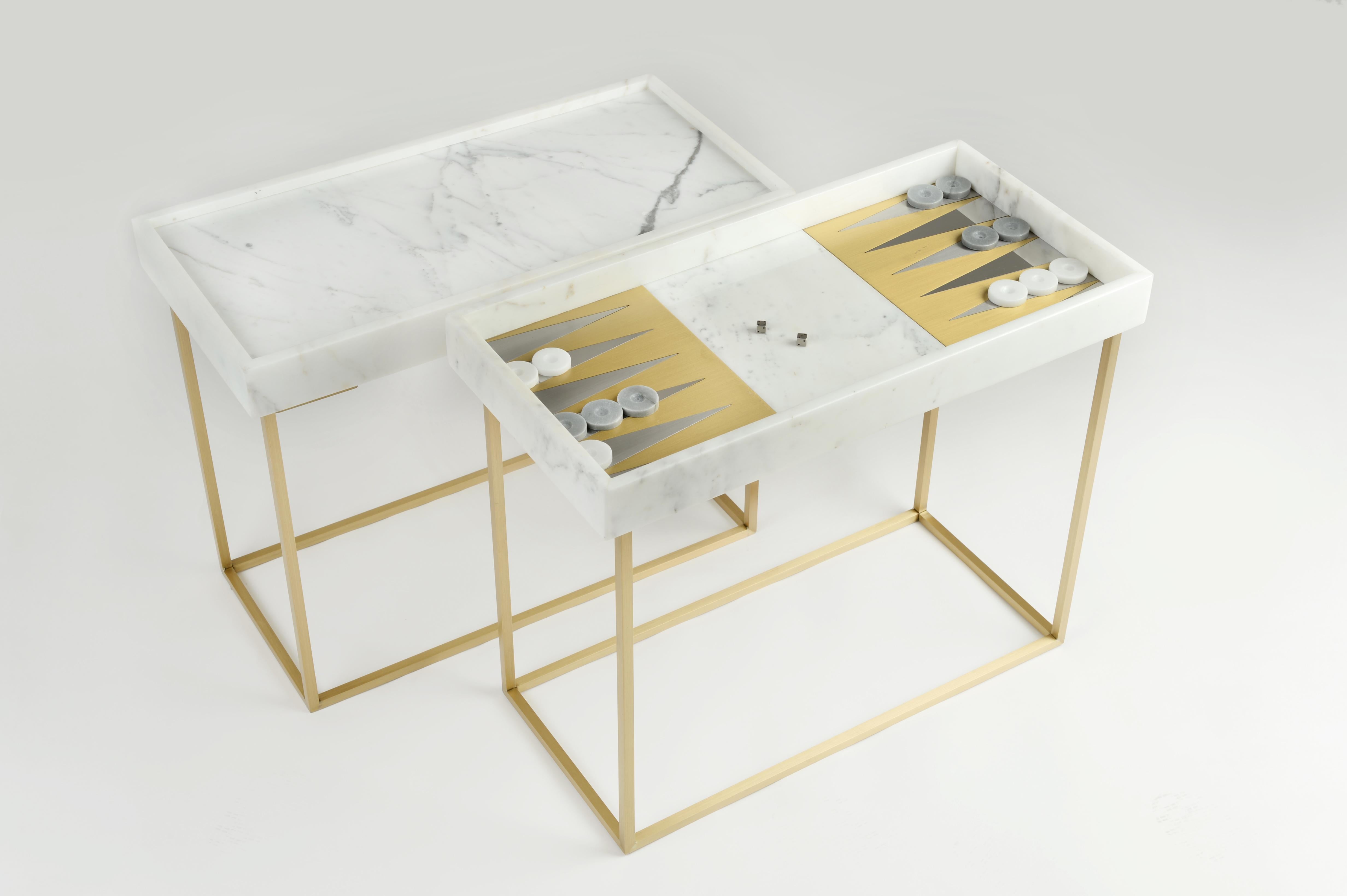 Play backgammon table by Saccal Design House
Dimensions: L 49 x W 23 x H 45cm
Materials: Carrara and Brass

Saccal Design House, located in Beirut Lebanon, was founded in 2014 by two sisters Nour and Maysa Saccal.
The company provides interior