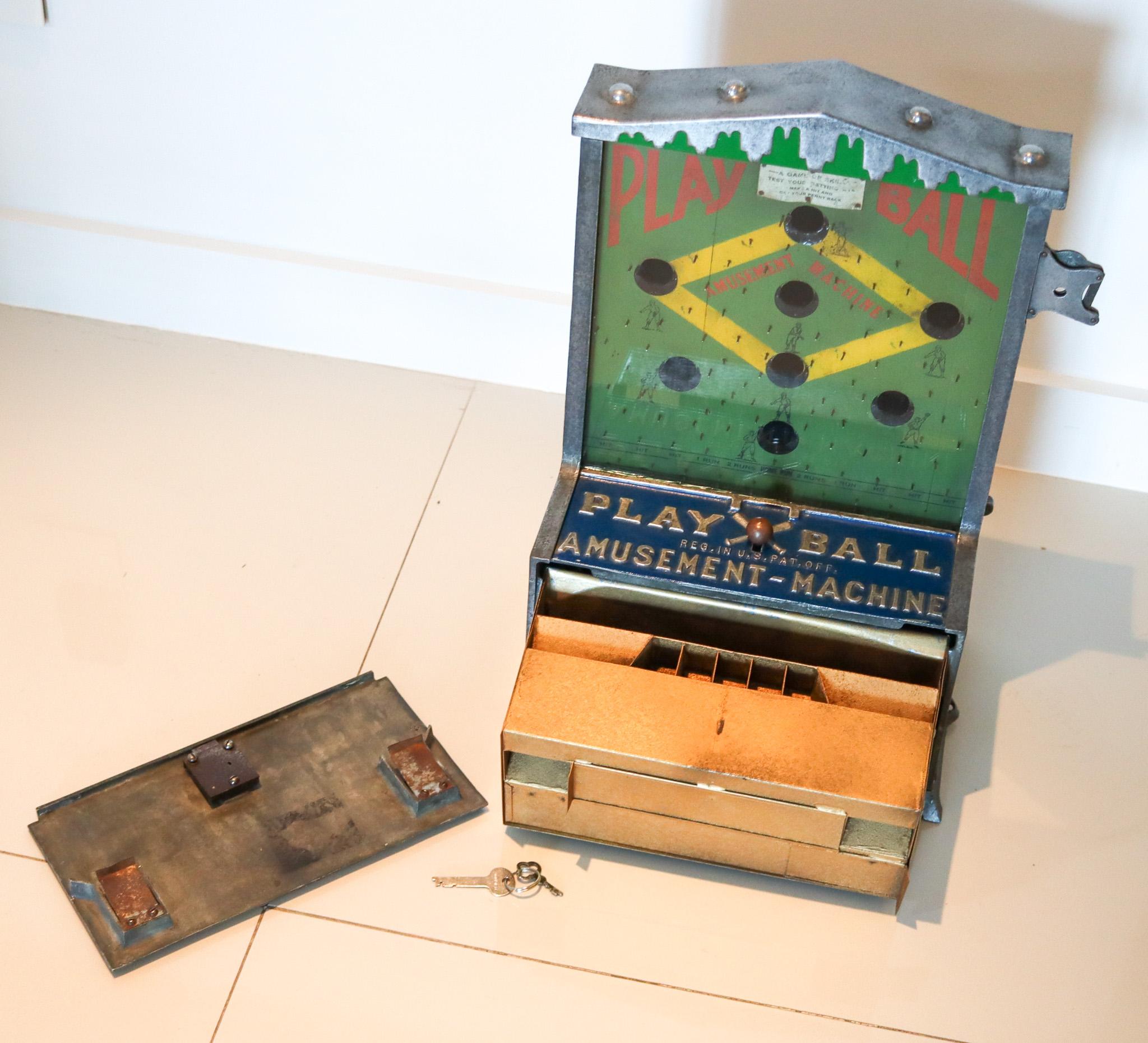 Early 20th Century Play Ball Antique 1925 Art Deco Baseball Penny Coin Drop Arcade Baseball Game