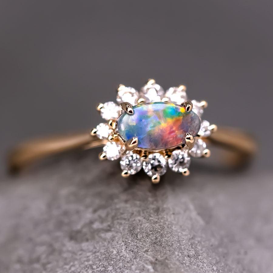 Play of Color Boulder Opal Diamond Halo Engagement Ring 18K Gold