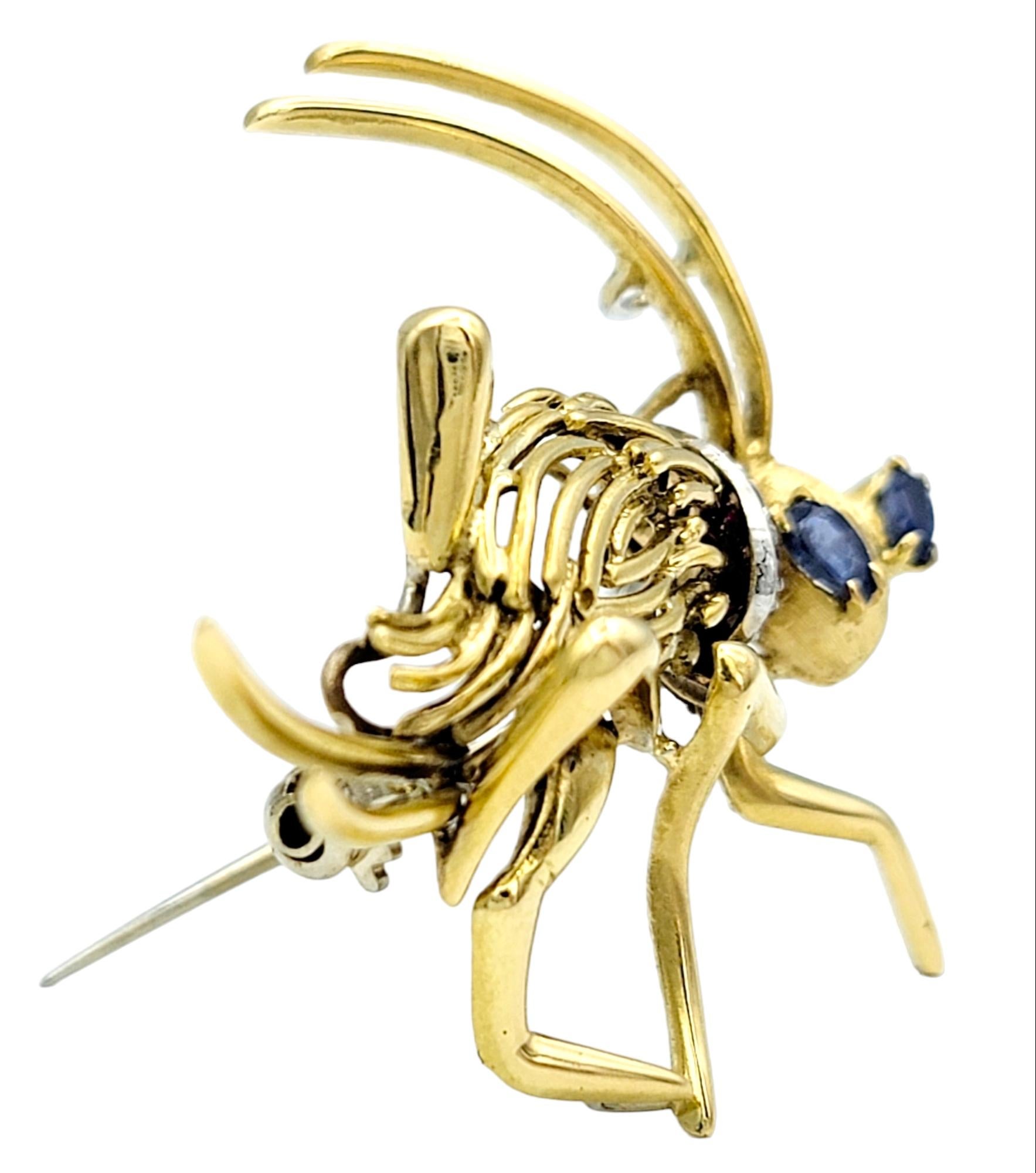 Pear Cut Playful 14 Karat Yellow Gold Cricket Brooch with Sapphire and Ruby Accents  For Sale