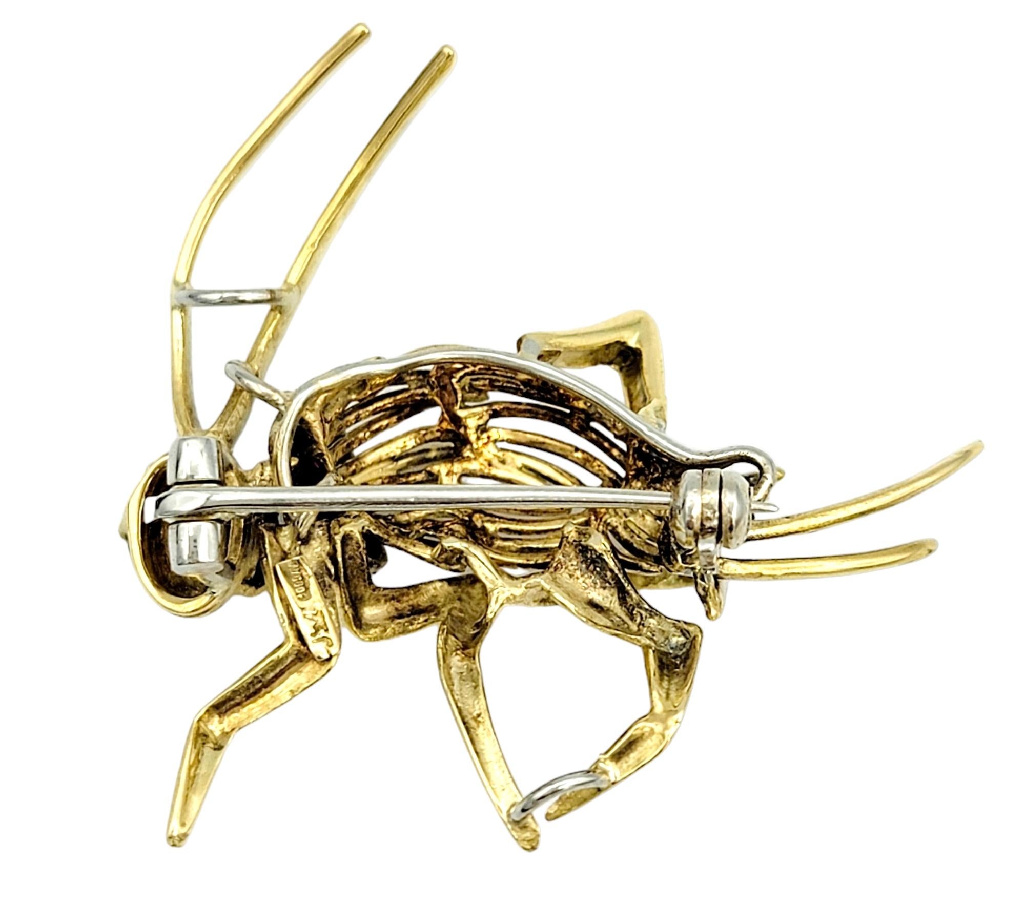 Playful 14 Karat Yellow Gold Cricket Brooch with Sapphire and Ruby Accents  In Good Condition For Sale In Scottsdale, AZ